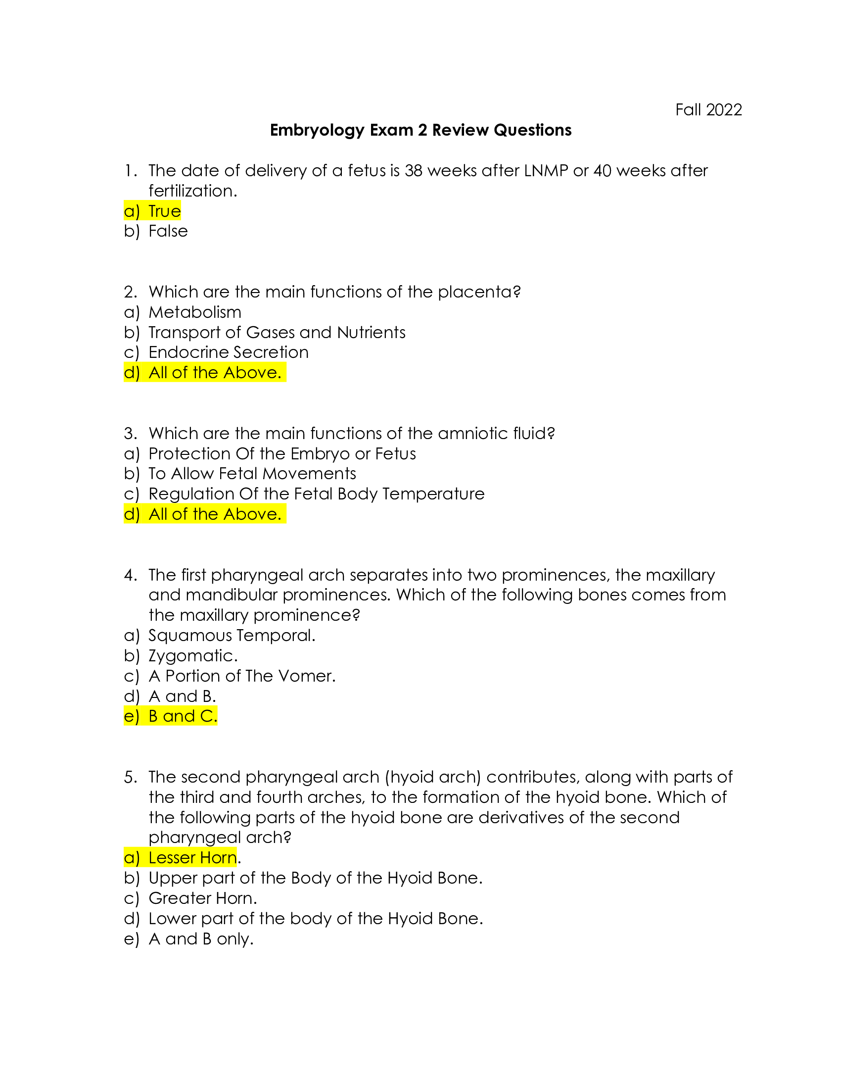 Embryology  Exam 2 Review ZOO 3603 FIU 2022