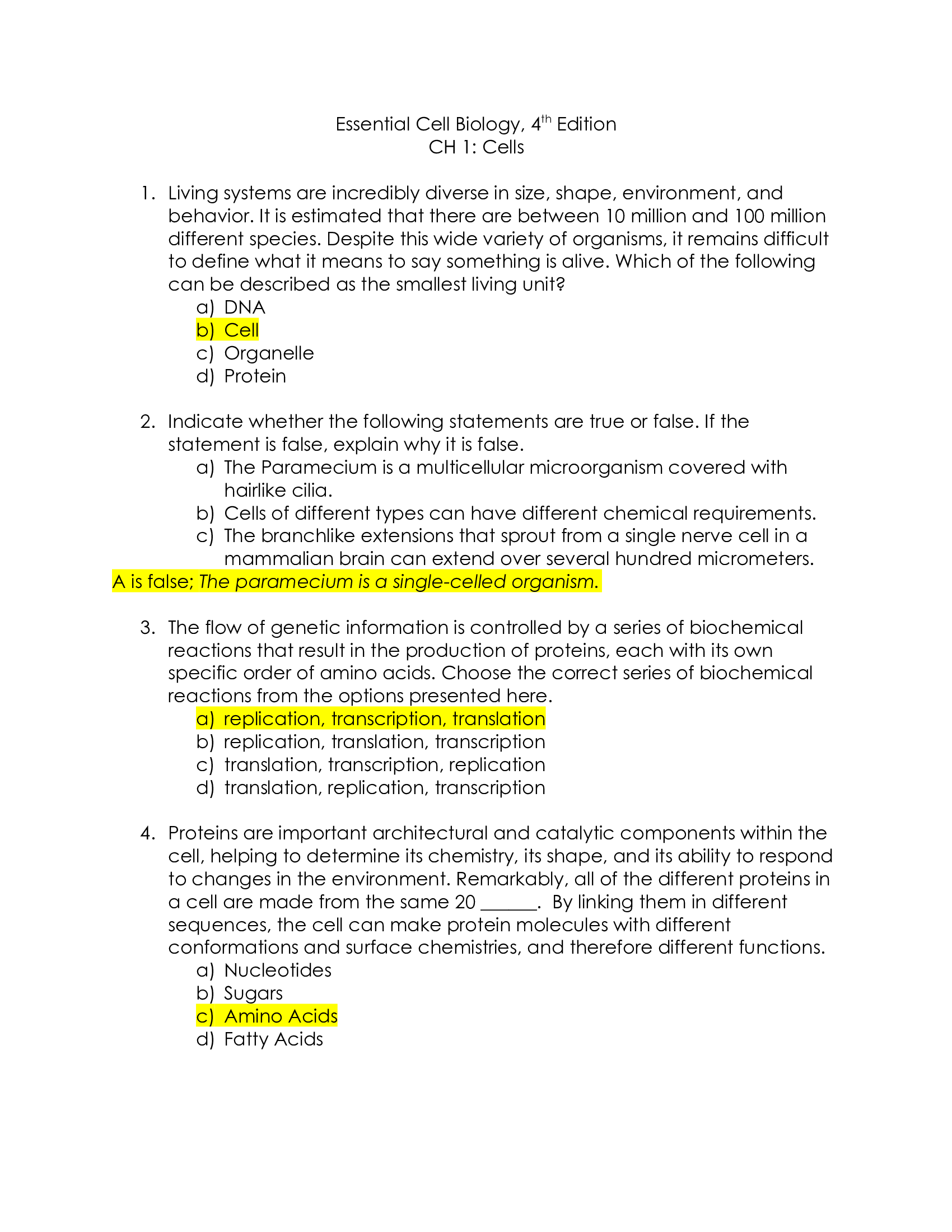 Essential Cell Biology 4th Ed. Test Bank CH1