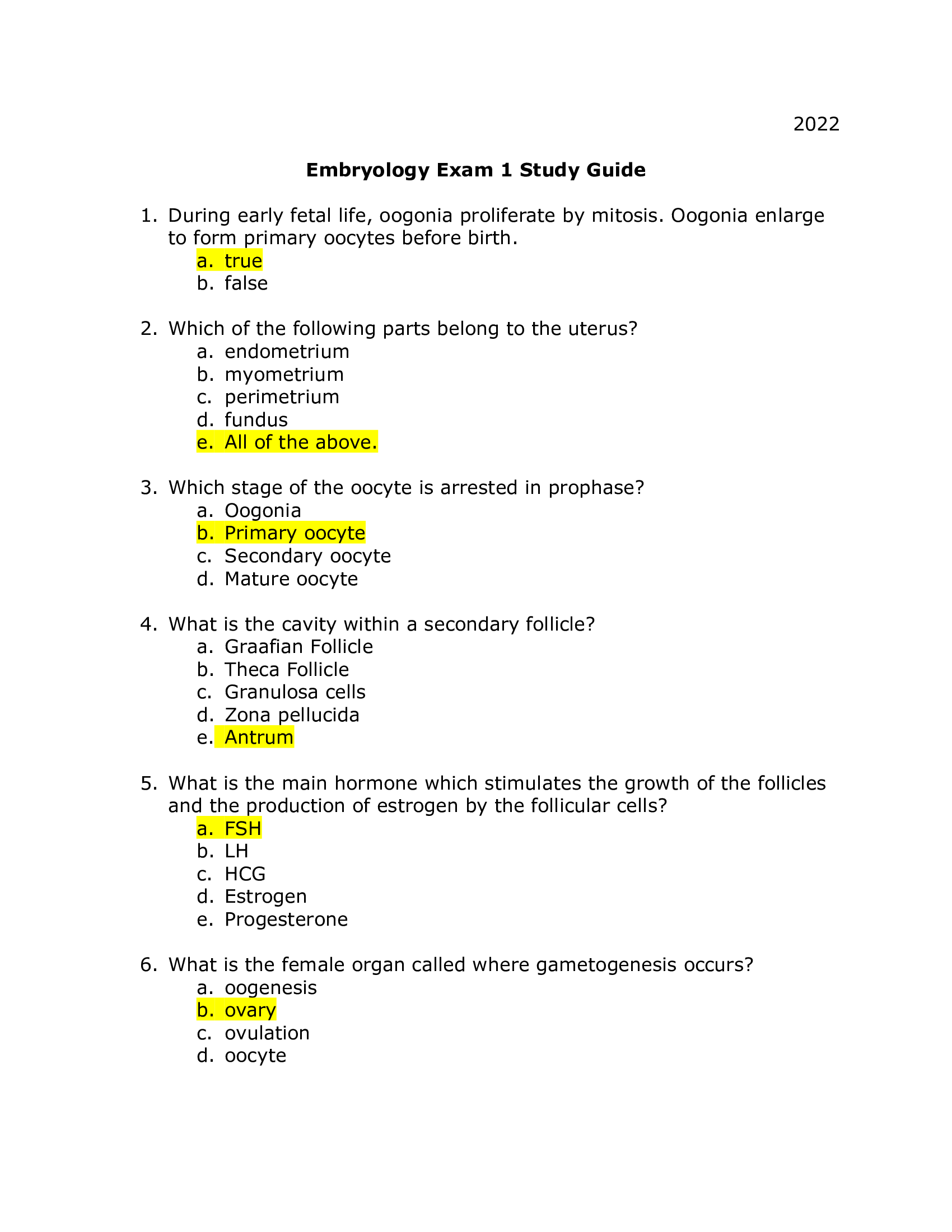 Embryology Exam 1 A Review ZOO 3603 FIU 2022