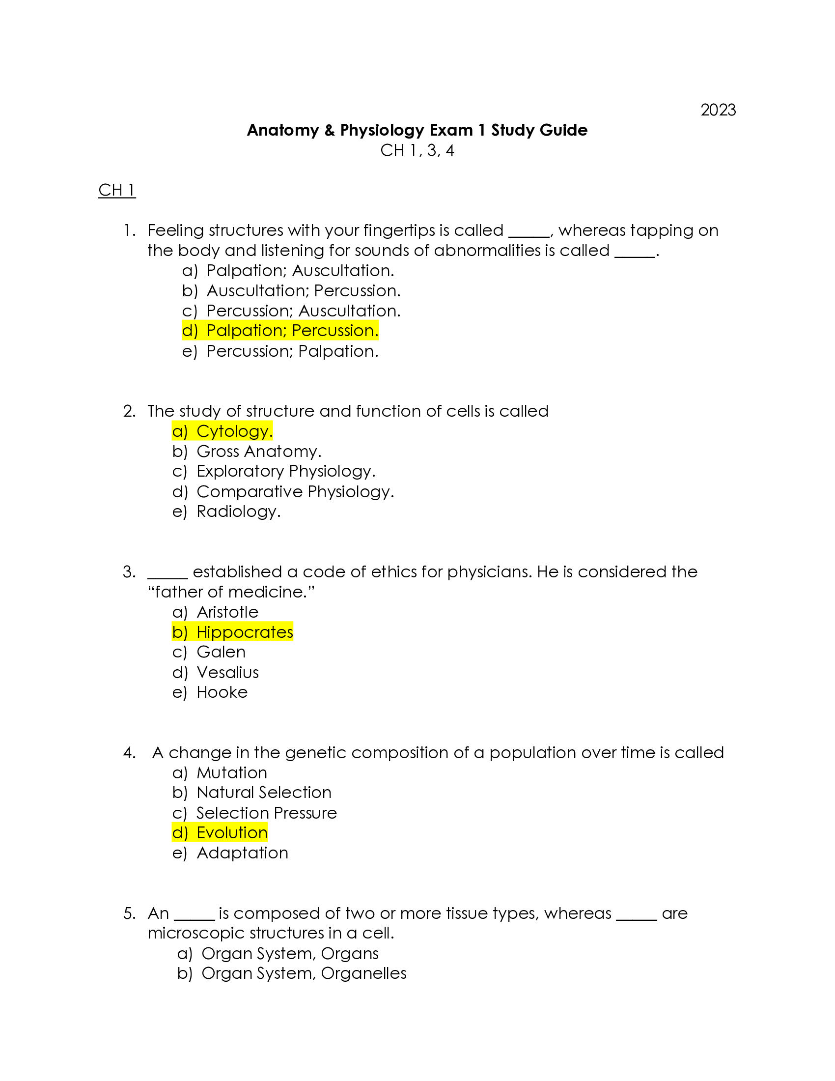 Anatomy & Physiology Exam 1 Review (CH 1, 3, 4) 2023 MDC pdf