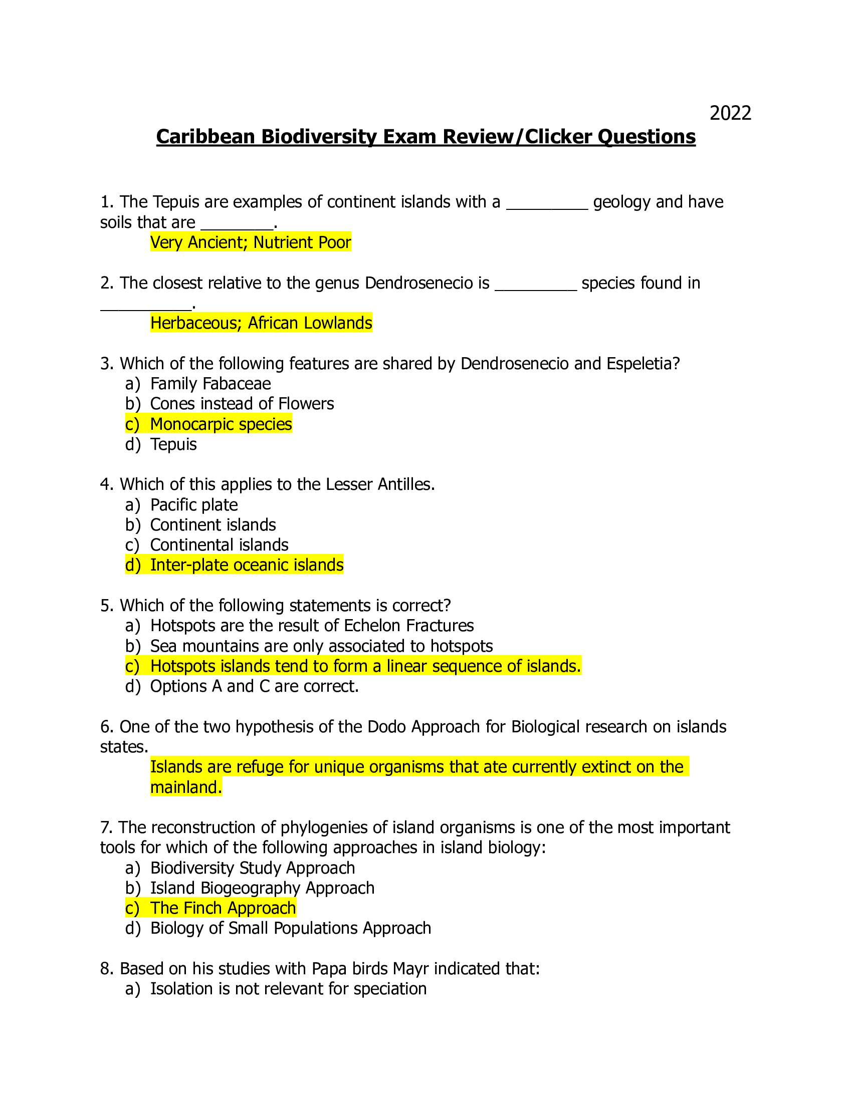 Caribbean Biodiversity BSC 4364 Clicker, Exam Review Questions