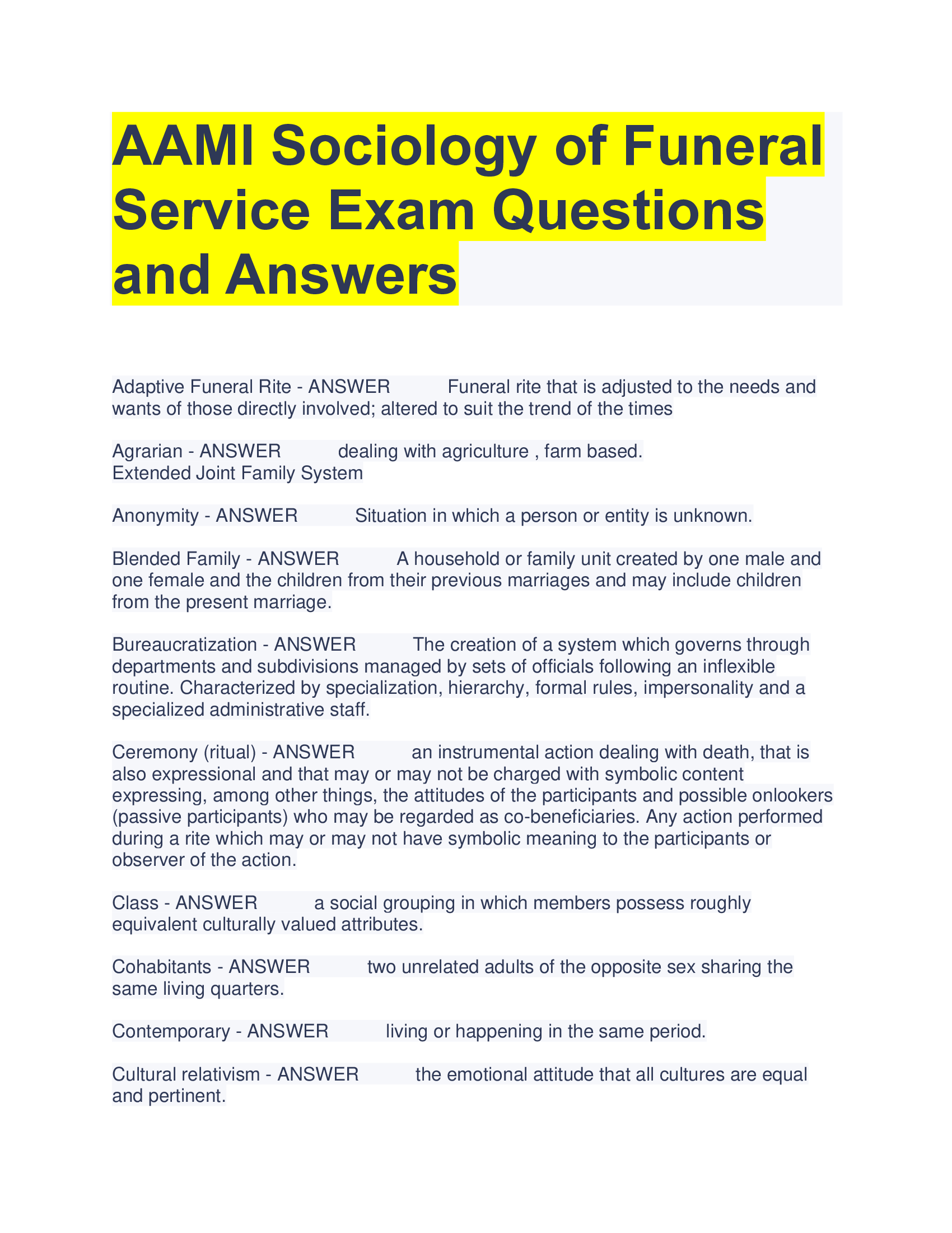 AAMI Sociology of Funeral  Service Exam Questions  and Answers