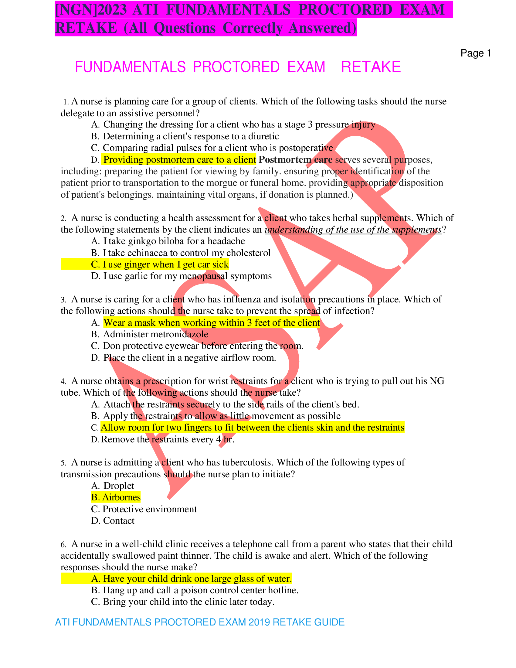 NGN]2023 ATI FUNDAMENTALS PROCTORED EXAM RETAKE (All Questions Correctly Answered)