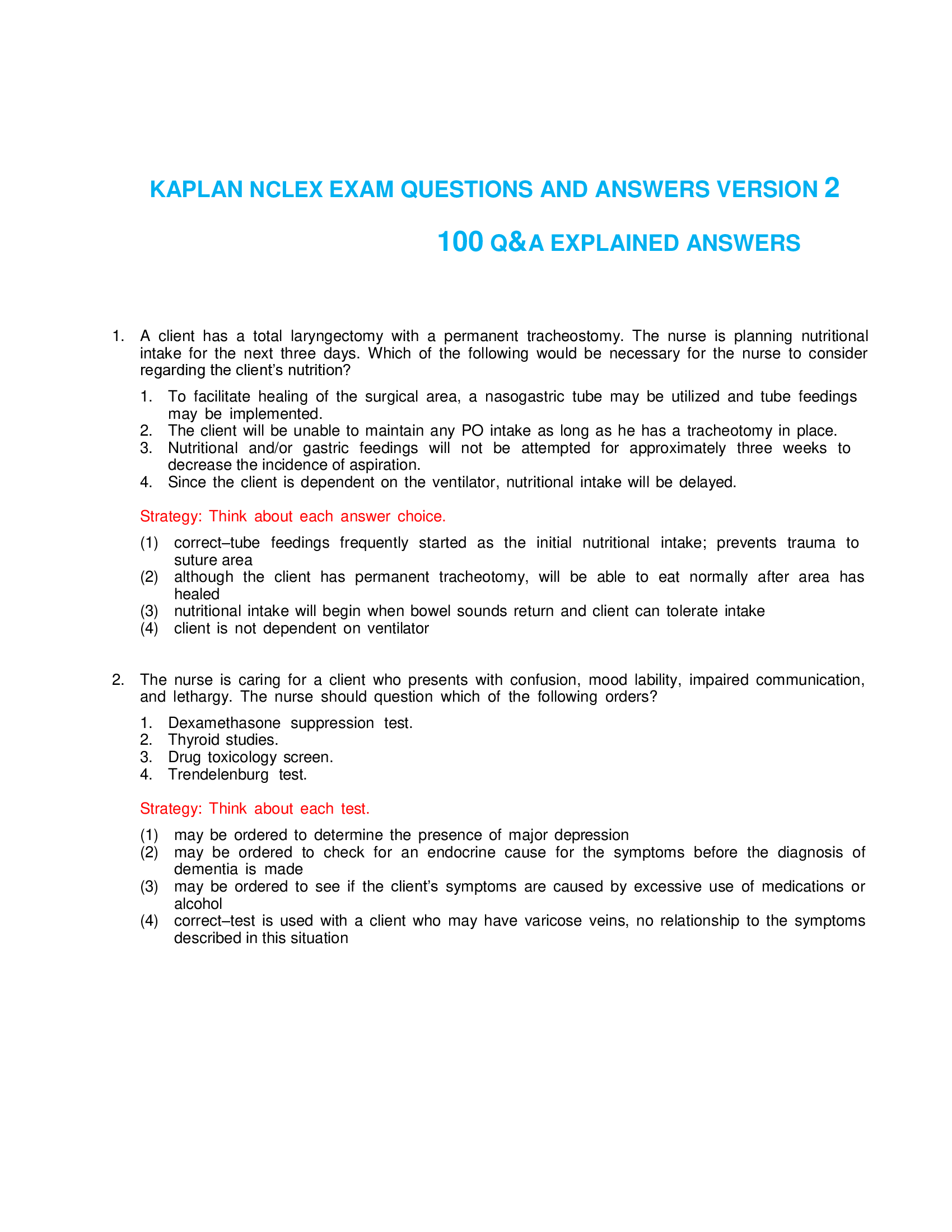 KAPLAN NCLEX EXAM QUESTIONS AND ANSWERS VERSION 2 100 Q&A EXPLAINED ANSWERS