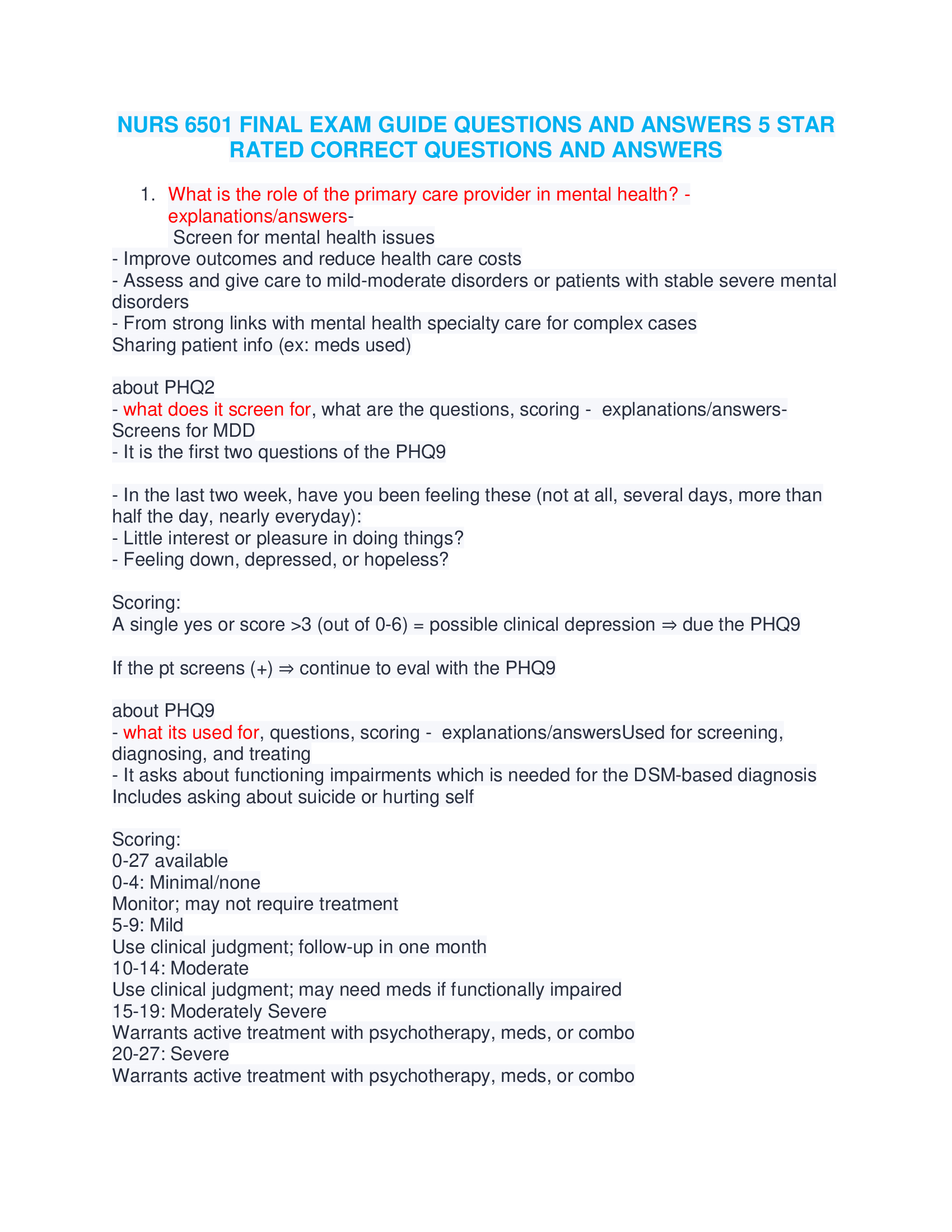 NURS 6501 FINAL EXAM GUIDE QUESTIONS AND ANSWERS 5 STAR RATED CORRECT QUESTIONS AND ANSWERS