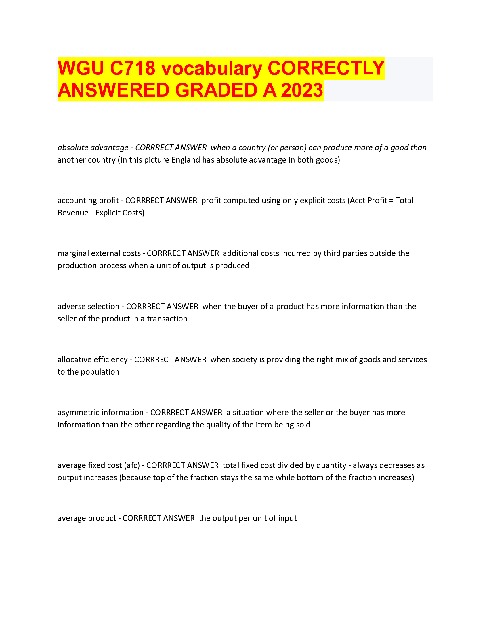 WGU C718 vocabulary CORRECTLY  ANSWERED GRADED A 2023