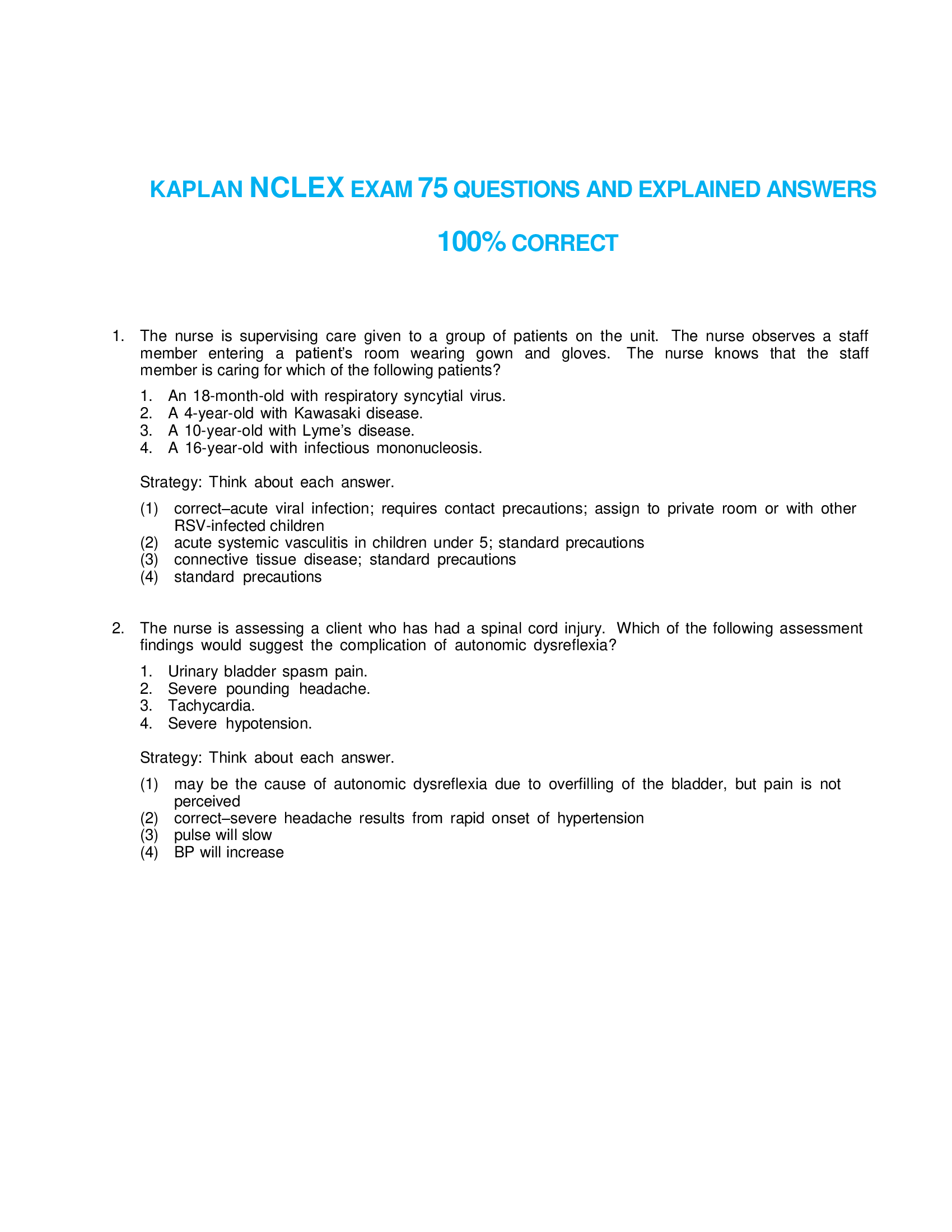 KAPLAN NCLEX EXAM 75 QUESTIONS AND EXPLAINED ANSWERS 100% CORRECT