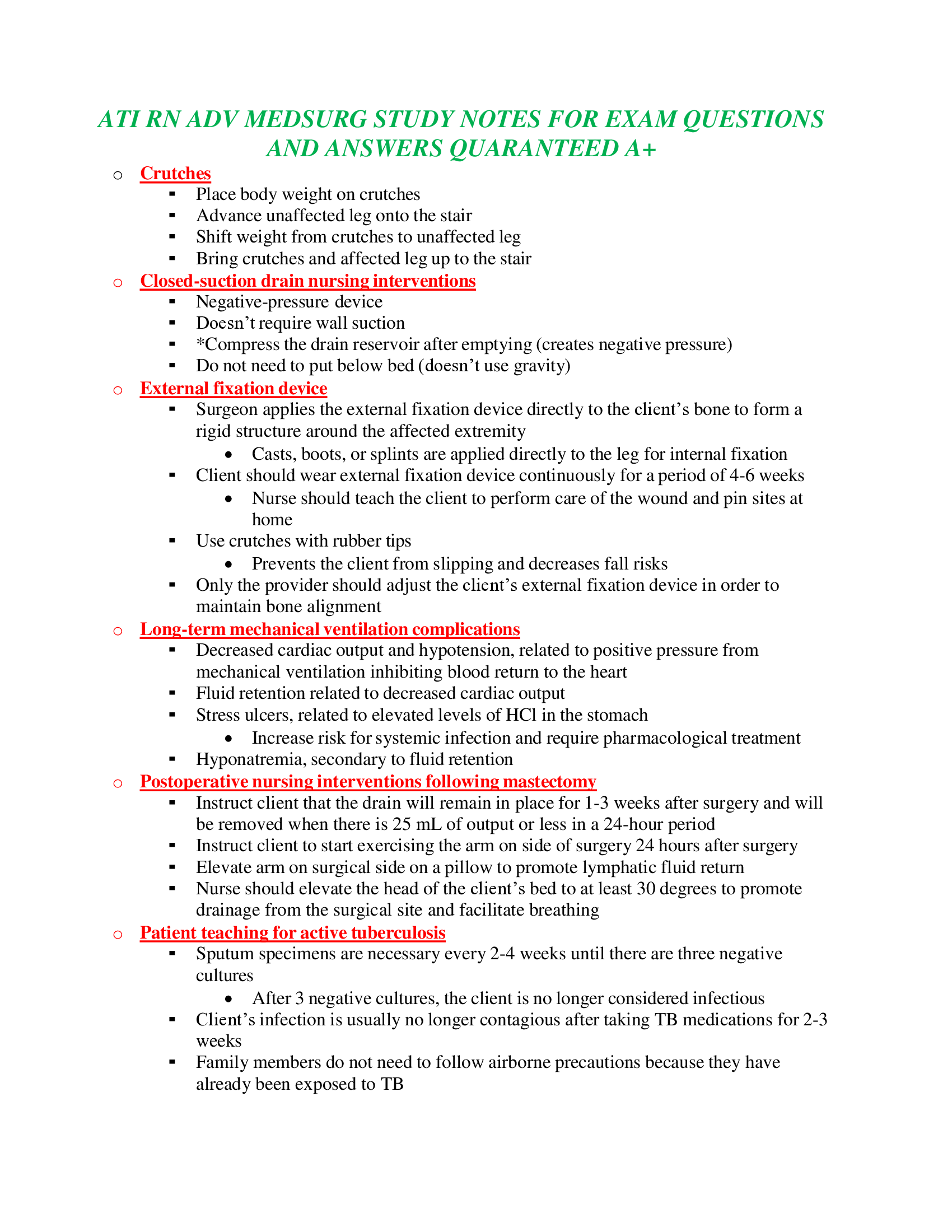 ATI RN ADV MEDSURG STUDY NOTES FOR EXAM QUESTIONS AND ANSWERS QUARANTEED A+