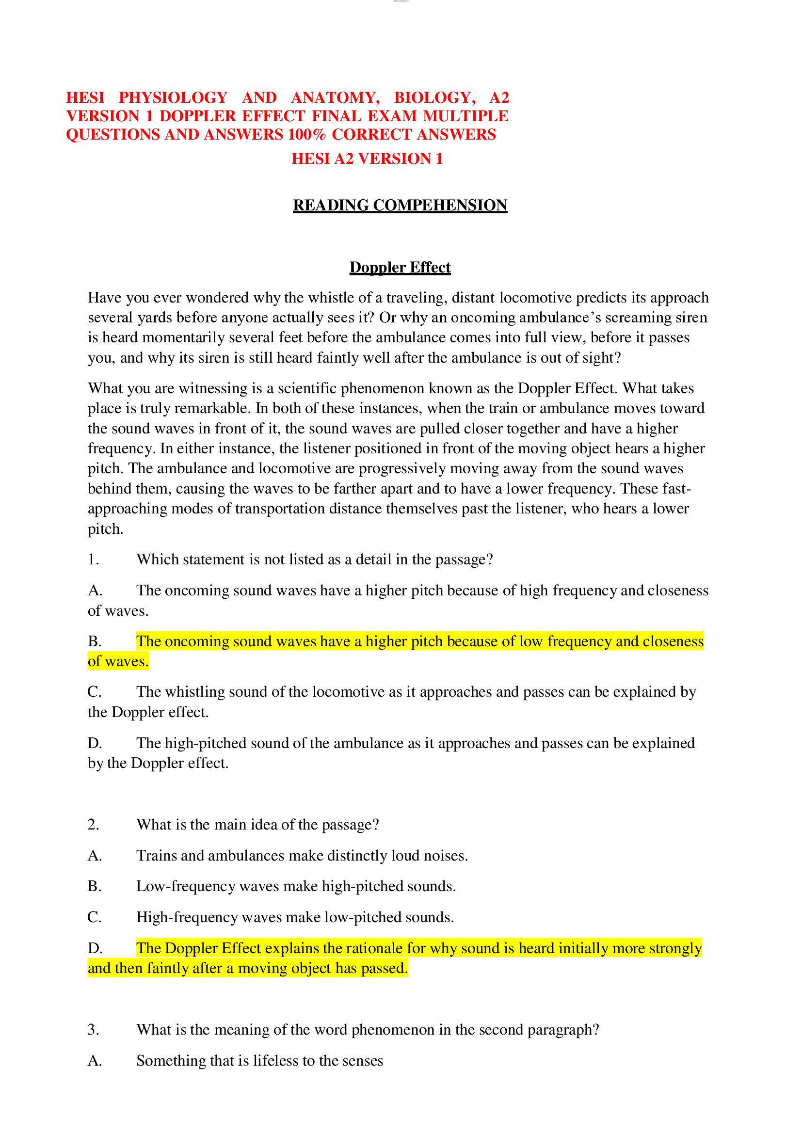 HESI PHYSIOLOGY AND ANATOMY, BIOLOGY, A2 VERSION 1 DOPPLER EFFECT FINAL EXAM MULTIPLE QUESTIONS AND ANSWERS 100% CORRECT ANSWERS HESI A2 VERSION 1