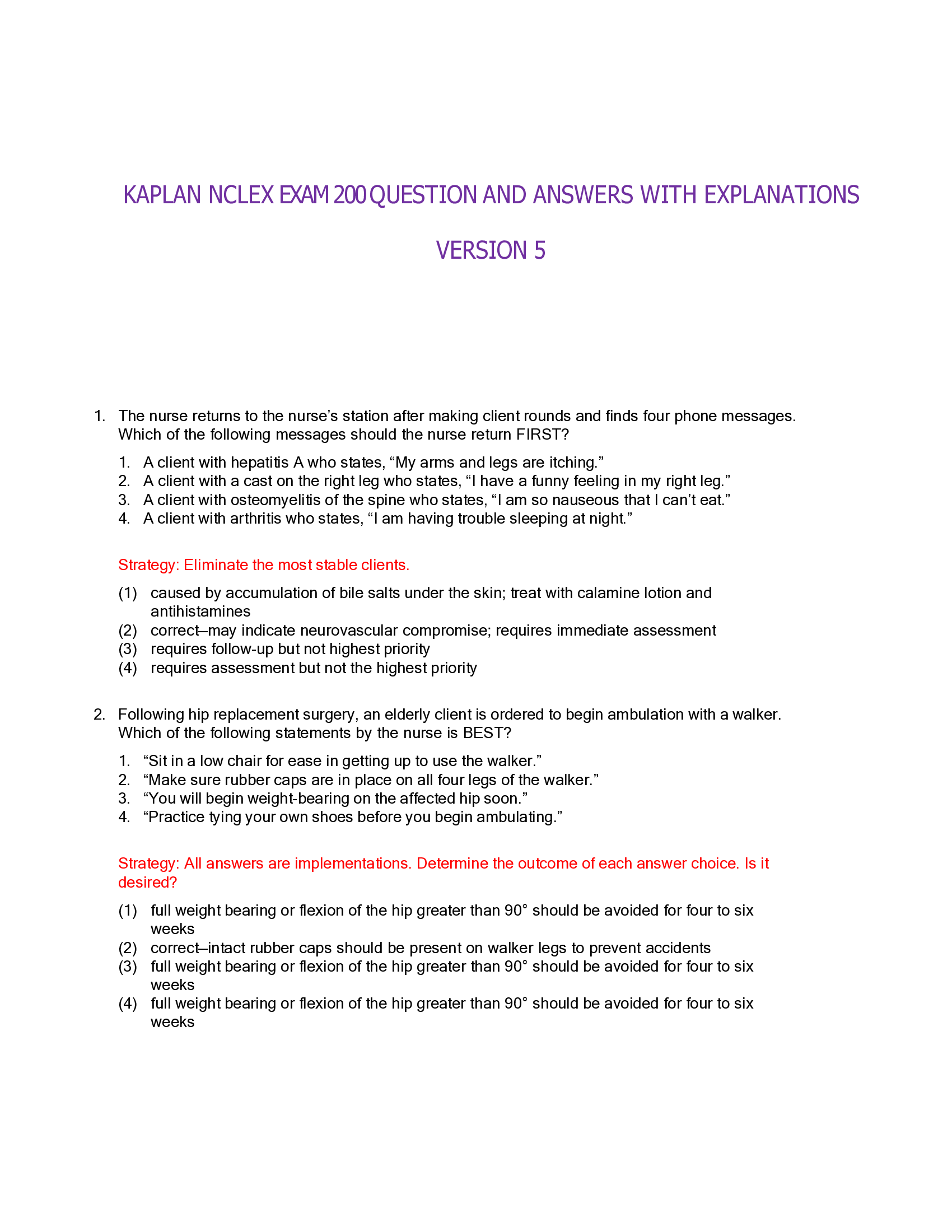KAPLAN NCLEX EXAM 200 QUESTION AND ANSWERS WITH EXPLANATIONS VERSION 5