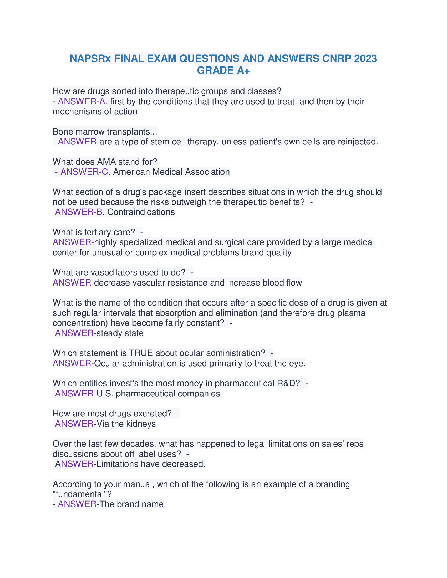 NAPSRx FINAL EXAM QUESTIONS AND ANSWERS CNRP 2023 GRADE A+