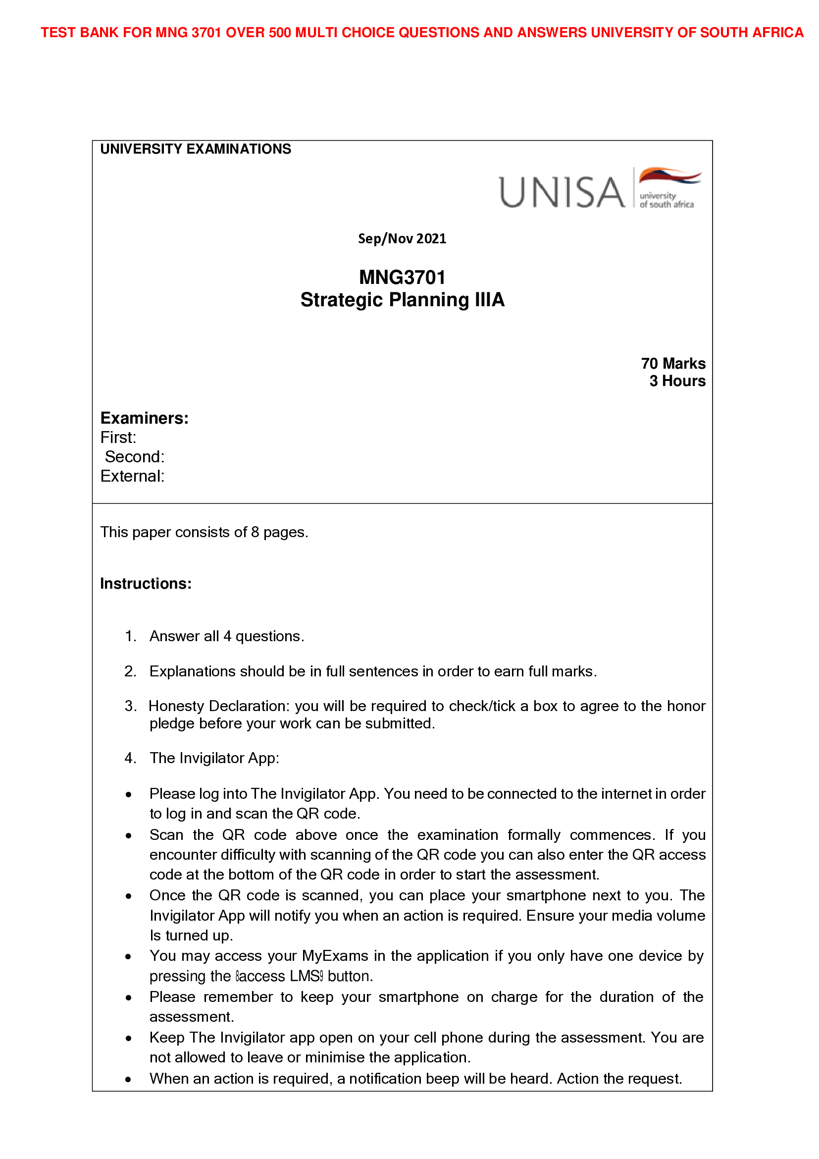 TEST BANK FOR MNG 3701 OVER 500 MULTI CHOICE QUESTIONS AND ANSWERS UNIVERSITY OF SOUTH AFRICA