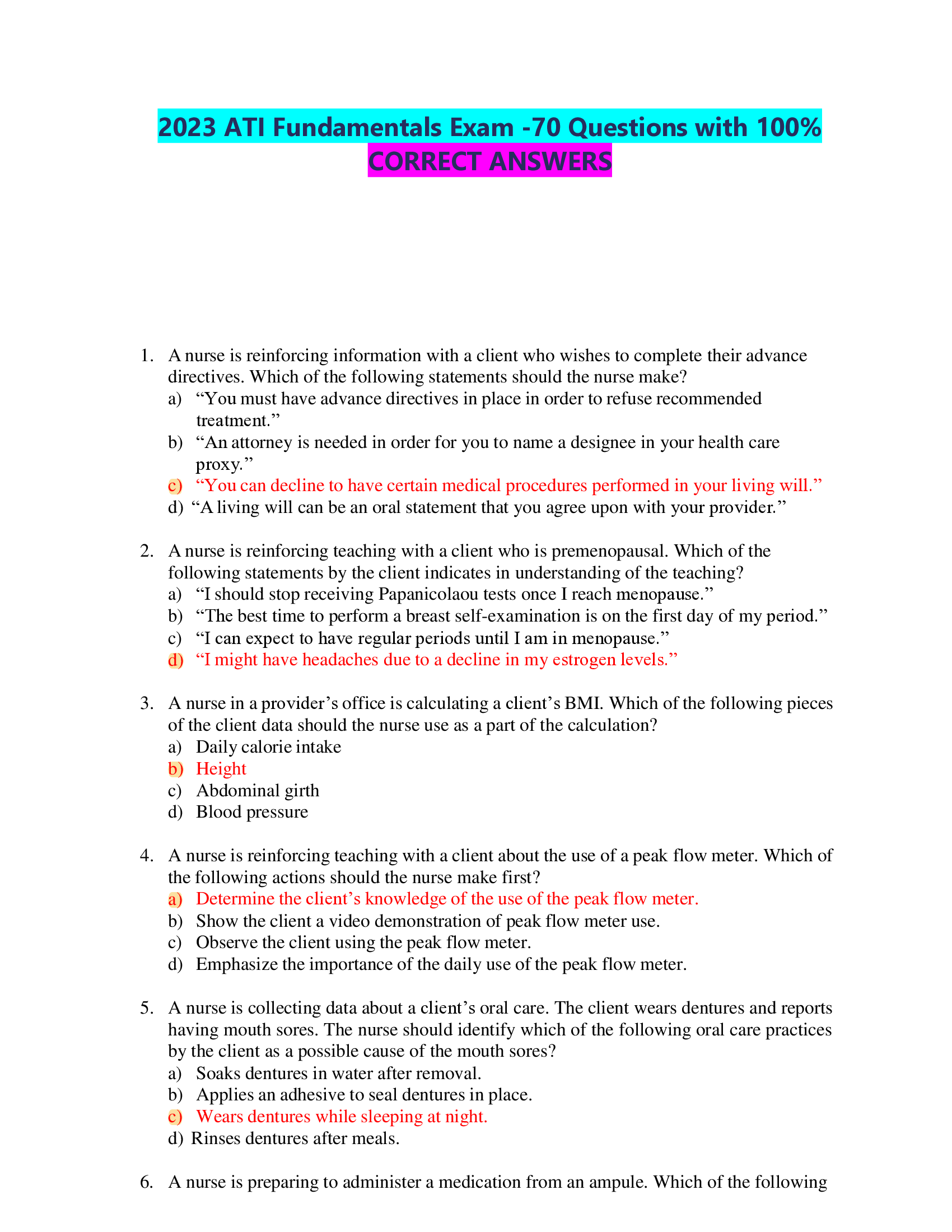 2023 ATI Fundamentals Exam -70 Questions with CORRECT ANSWERS
