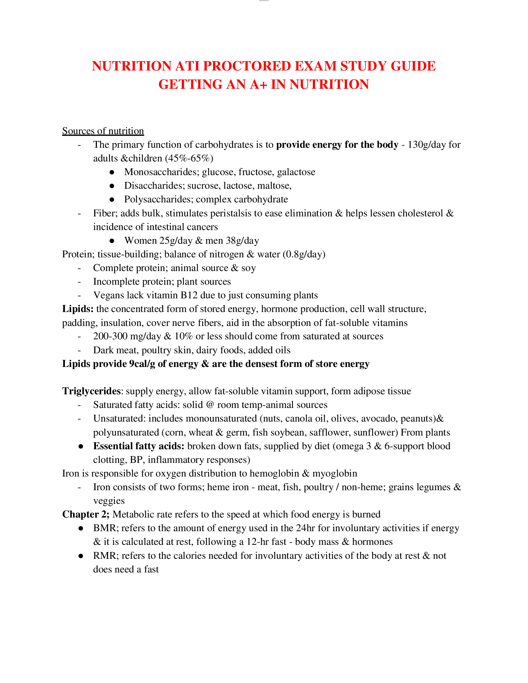 NUTRITION ATI PROCTORED EXAM STUDY GUIDE GETTING AN A+ IN NUTRITION