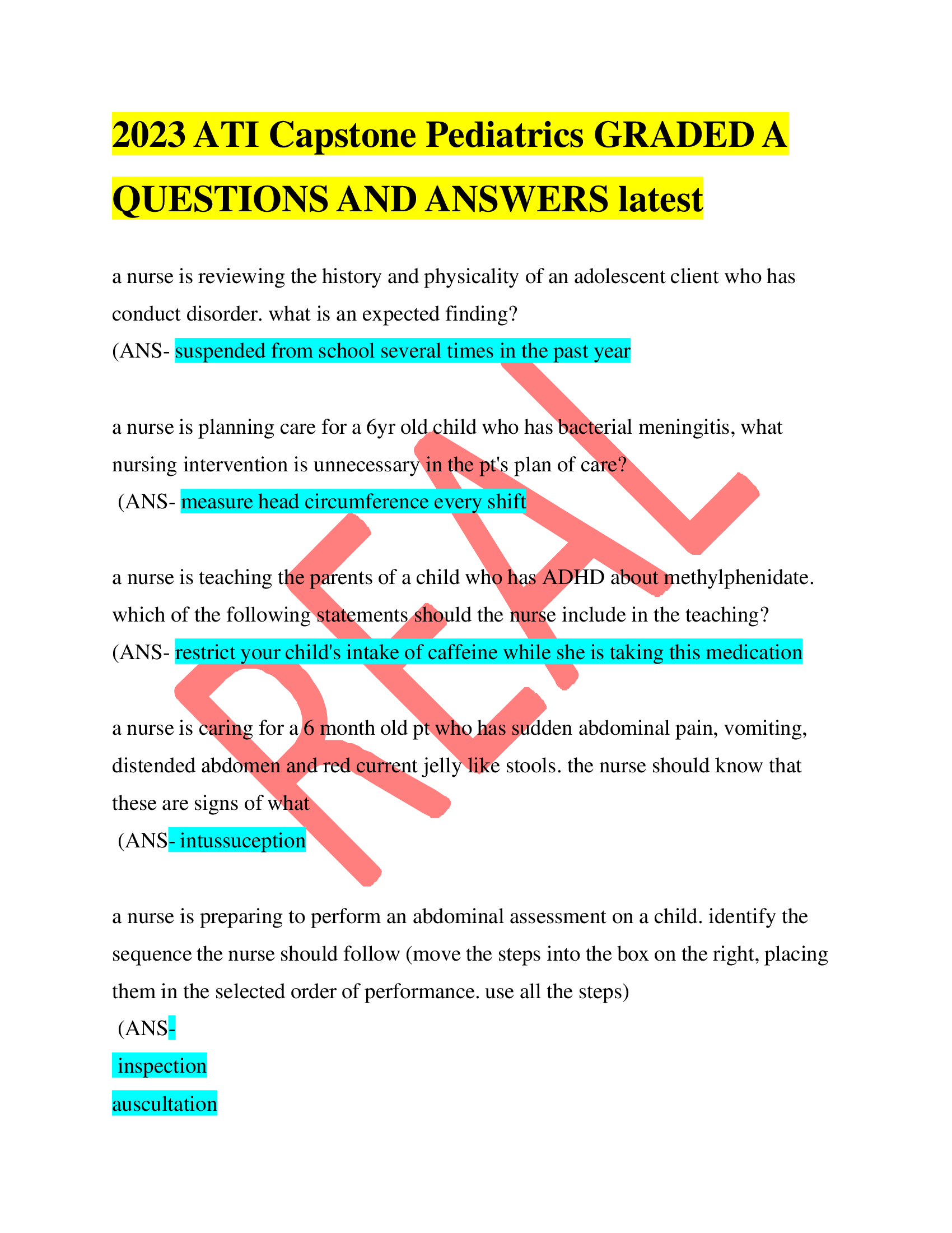 2023 ATI Capstone Pediatrics GRADED A QUESTIONS AND ANSWERS latest