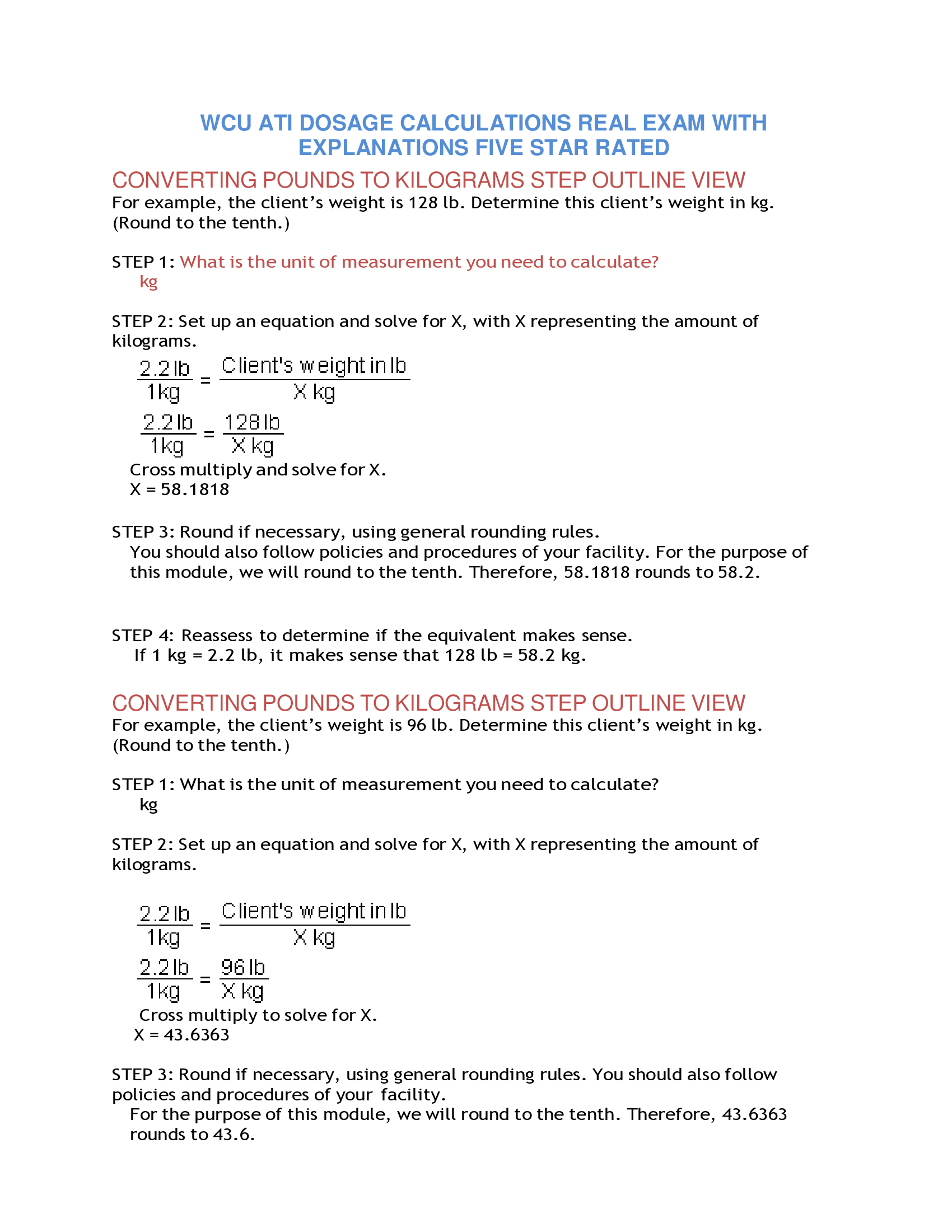WCU ATI DOSAGE CALCULATIONS REAL EXAM WITH EXPLANATIONS FIVE STAR RATED