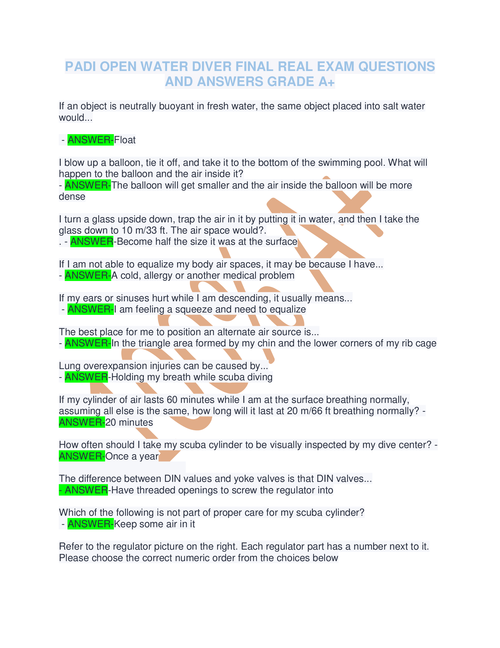 PADI OPEN WATER DIVER FINAL REAL EXAM QUESTIONS AND ANSWERS GRADE A+