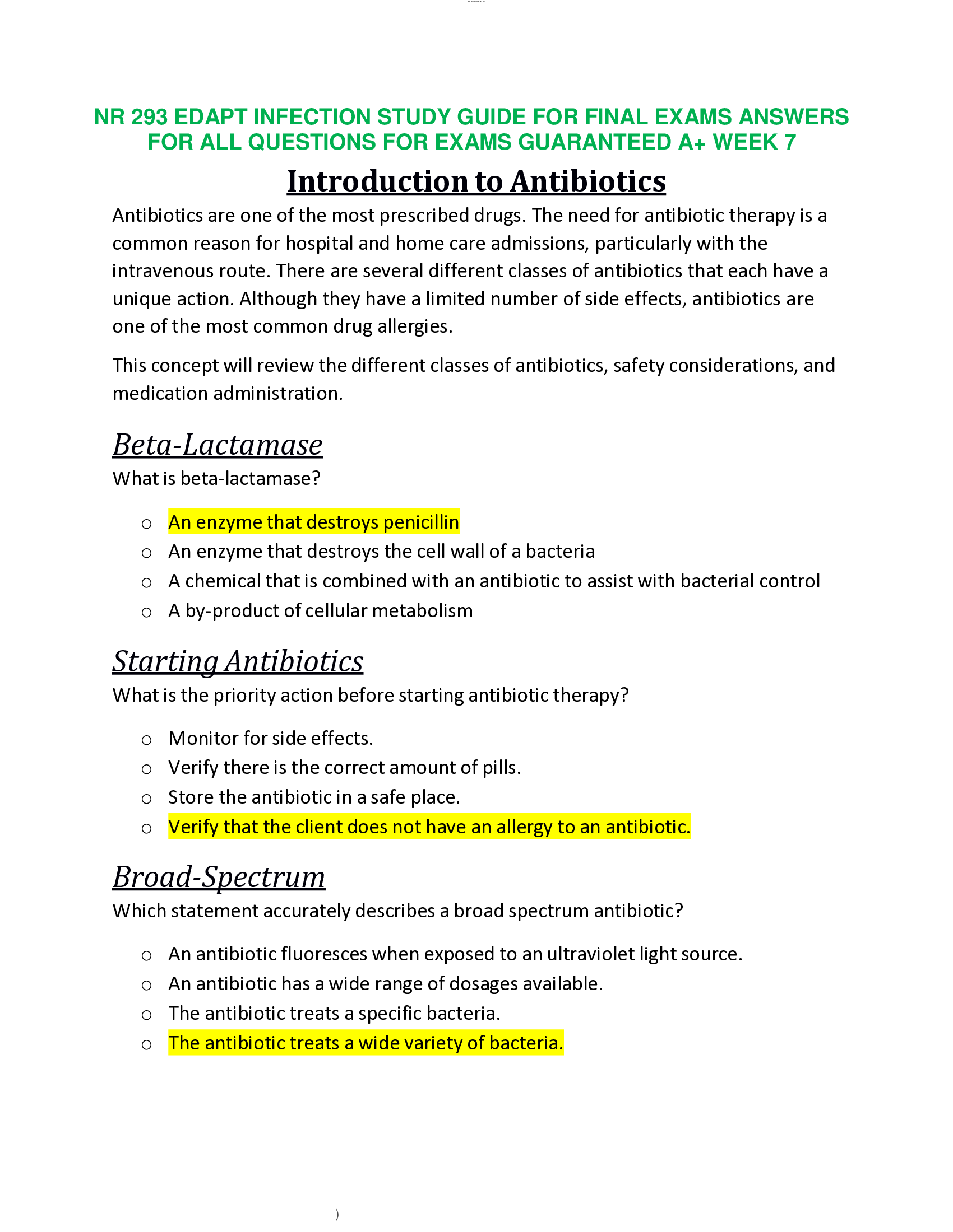 NR 293 EDAPT INFECTION STUDY GUIDE FOR FINAL EXAMS ANSWERS FOR ALL QUESTIONS FOR EXAMS GUARANTEED A+ WEEK 7