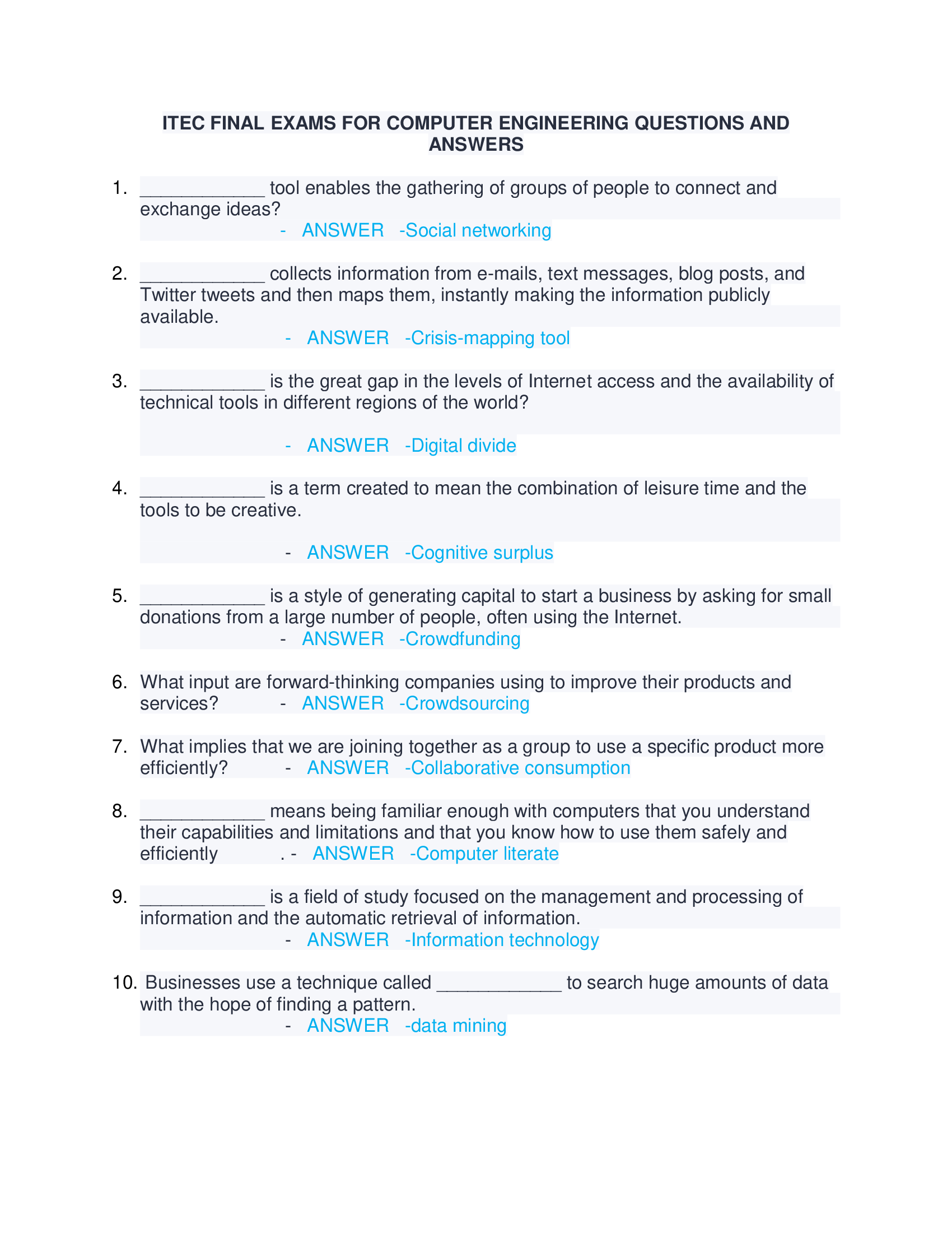 ITEC FINAL EXAMS FOR COMPUTER ENGINEERING QUESTIONS AND ANSWERS