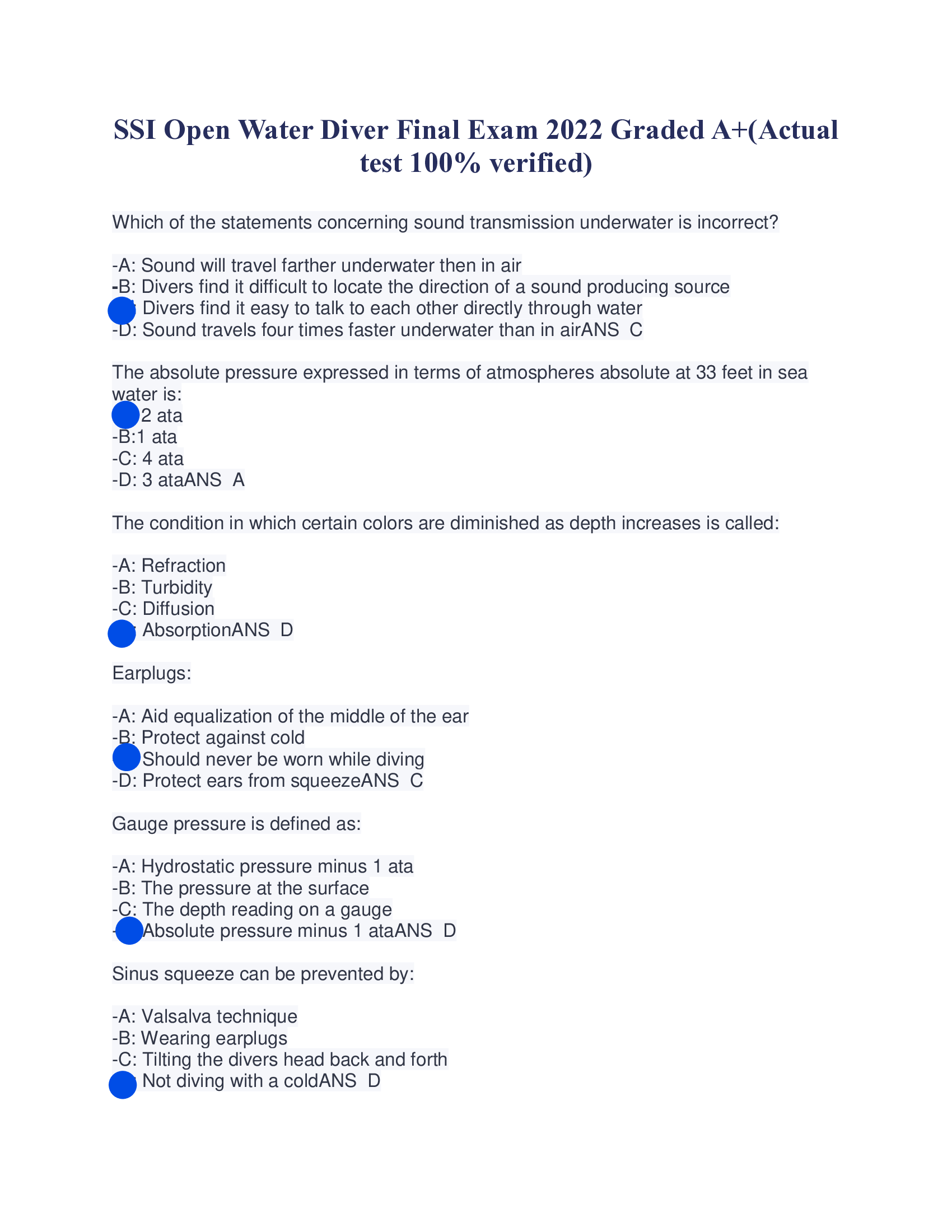 SSI Open Water Diver Final Exam 2022 Graded A+(Actual  test 100% verified)