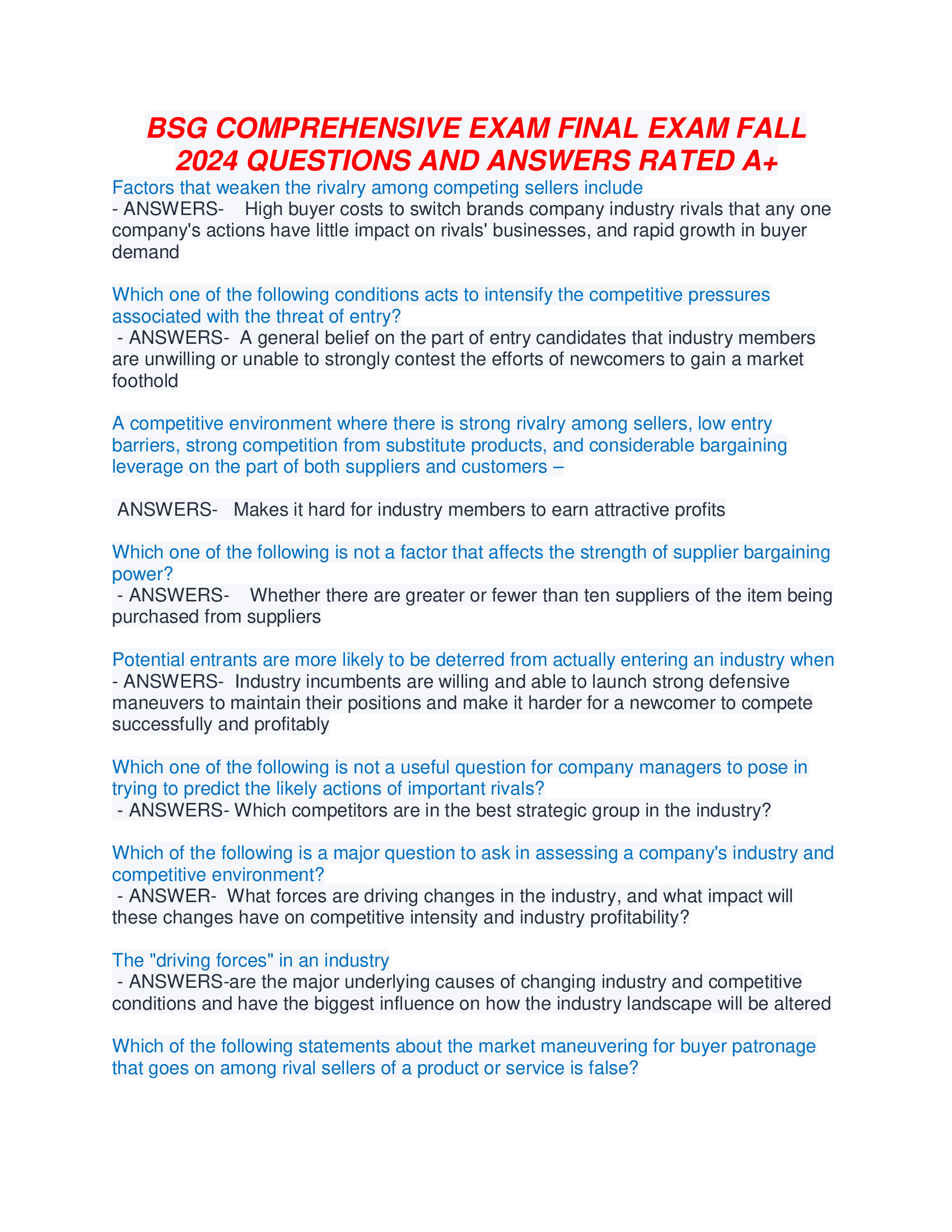 BSG COMPREHENSIVE EXAM FINAL EXAM FALL 2024 QUESTIONS AND ANSWERS RATED A+