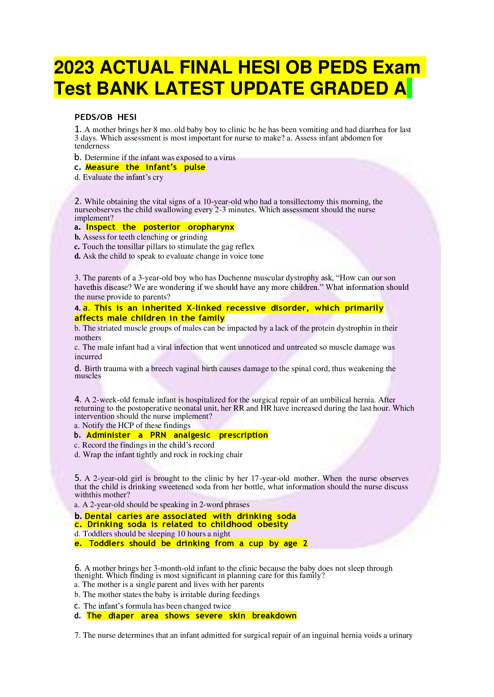 2023 ACTUAL FINAL HESI OB PEDS Exam Test BANK LATEST UPDATE GRADED A