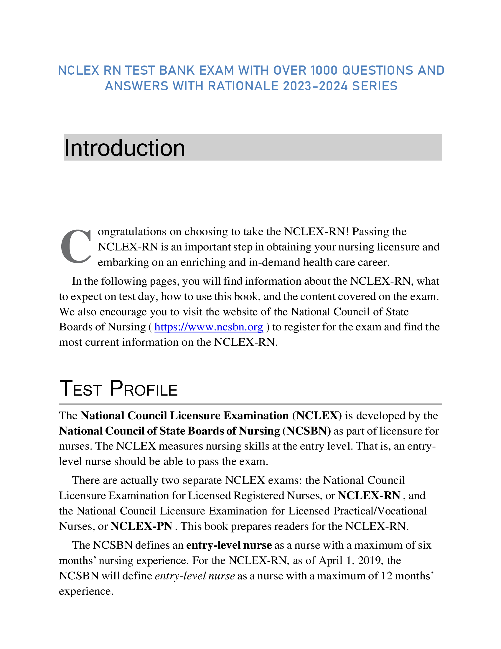 NCLEX RN TEST BANK EXAM WITH OVER 1000 QUESTIONS AND ANSWERS WITH RATIONALE 2023-2024 SERIES