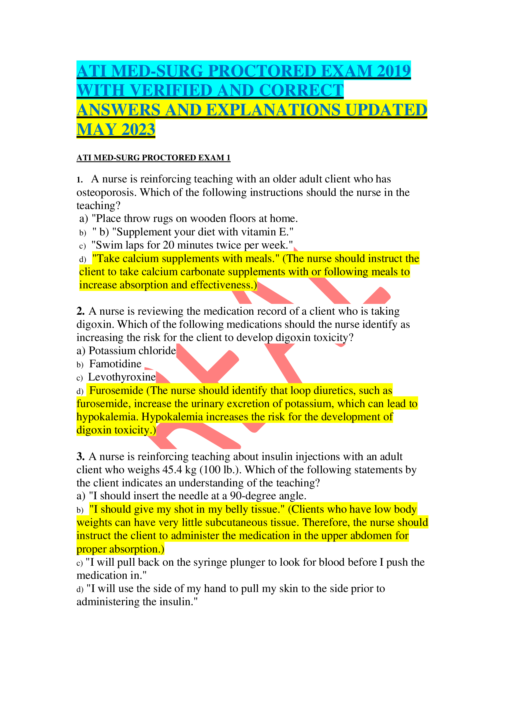 ATI MED-SURG PROCTORED EXAM 2019 WITH VERIFIED AND CORRECT ANSWERS AND EXPLANATIONS UPDATED MAY 2023