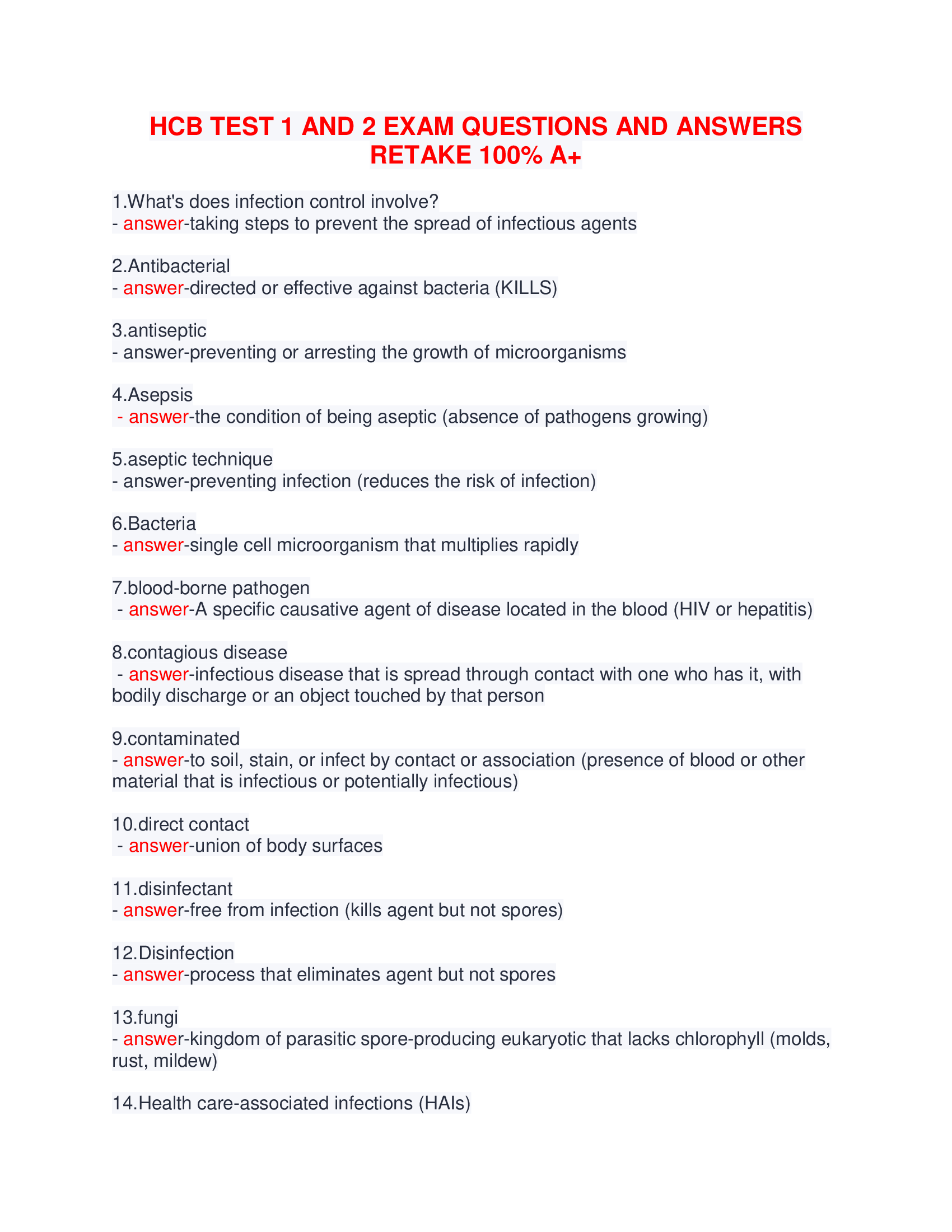 HCB TEST 1 AND 2 EXAM QUESTIONS AND ANSWERS RETAKE 100% A+
