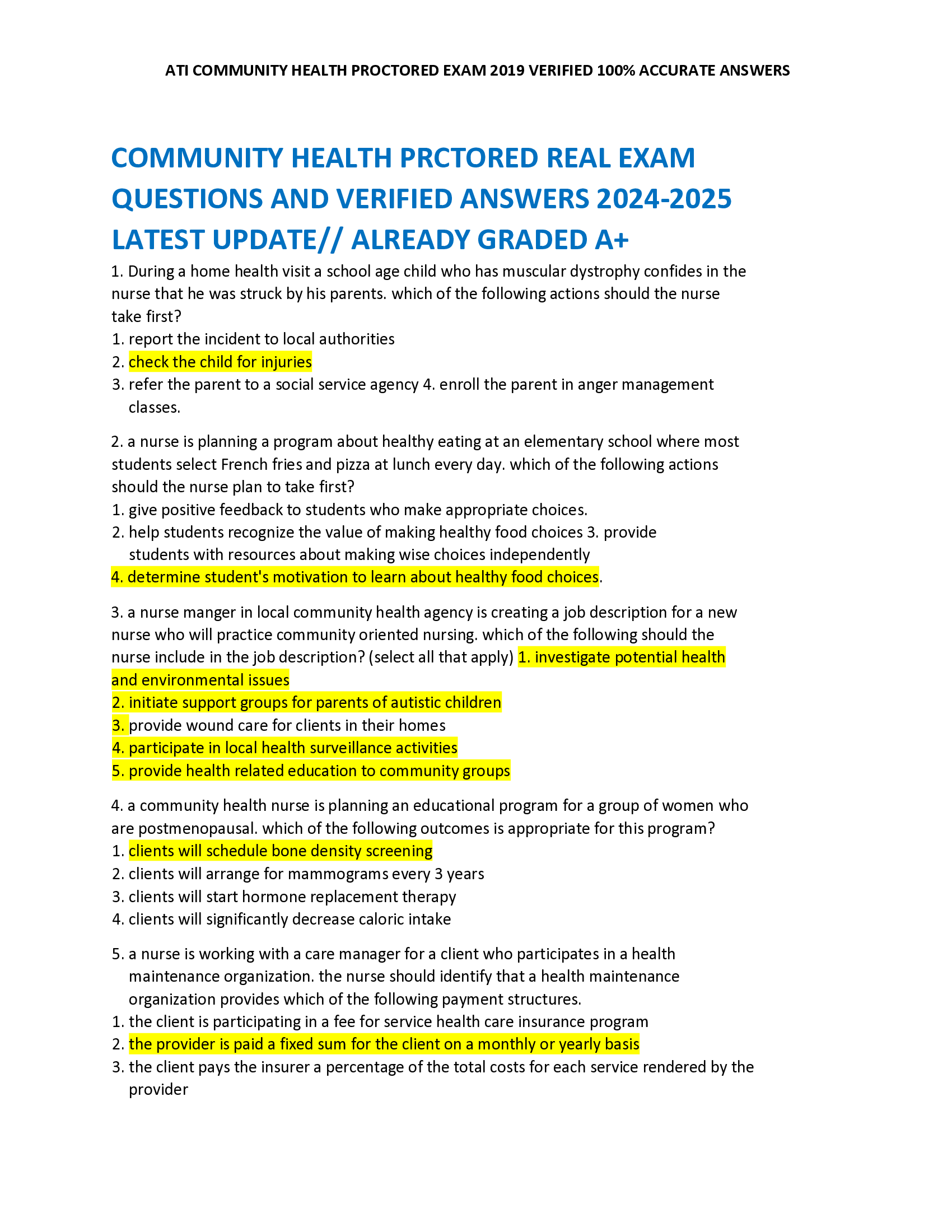 COMMUNITY HEALTH PRCTORED REAL EXAM QUESTIONS AND VERIFIED ANSWERS 2024-2026 LATEST UPDATE// ALREADY GRADED A+