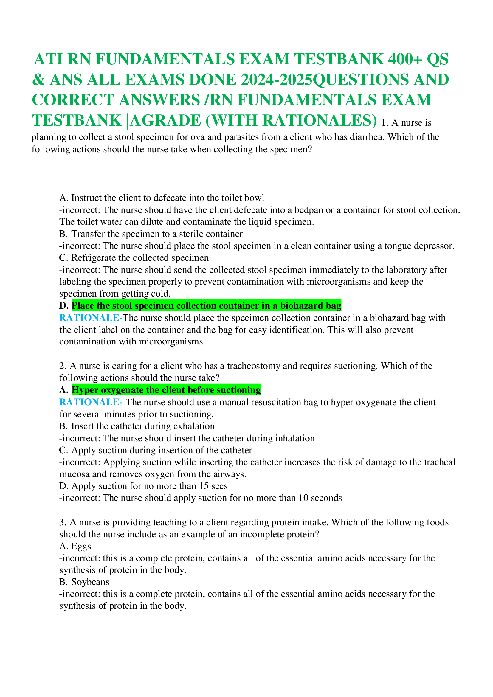 ATI RN FUNDAMENTALS EXAM TESTBANK 400+ QS & ANS ALL EXAMS DONE 2024-2026QUESTIONS AND CORRECT ANSWERS /RN FUNDAMENTALS EXAM TESTBANK |AGRADE (WITH RATIONALES)