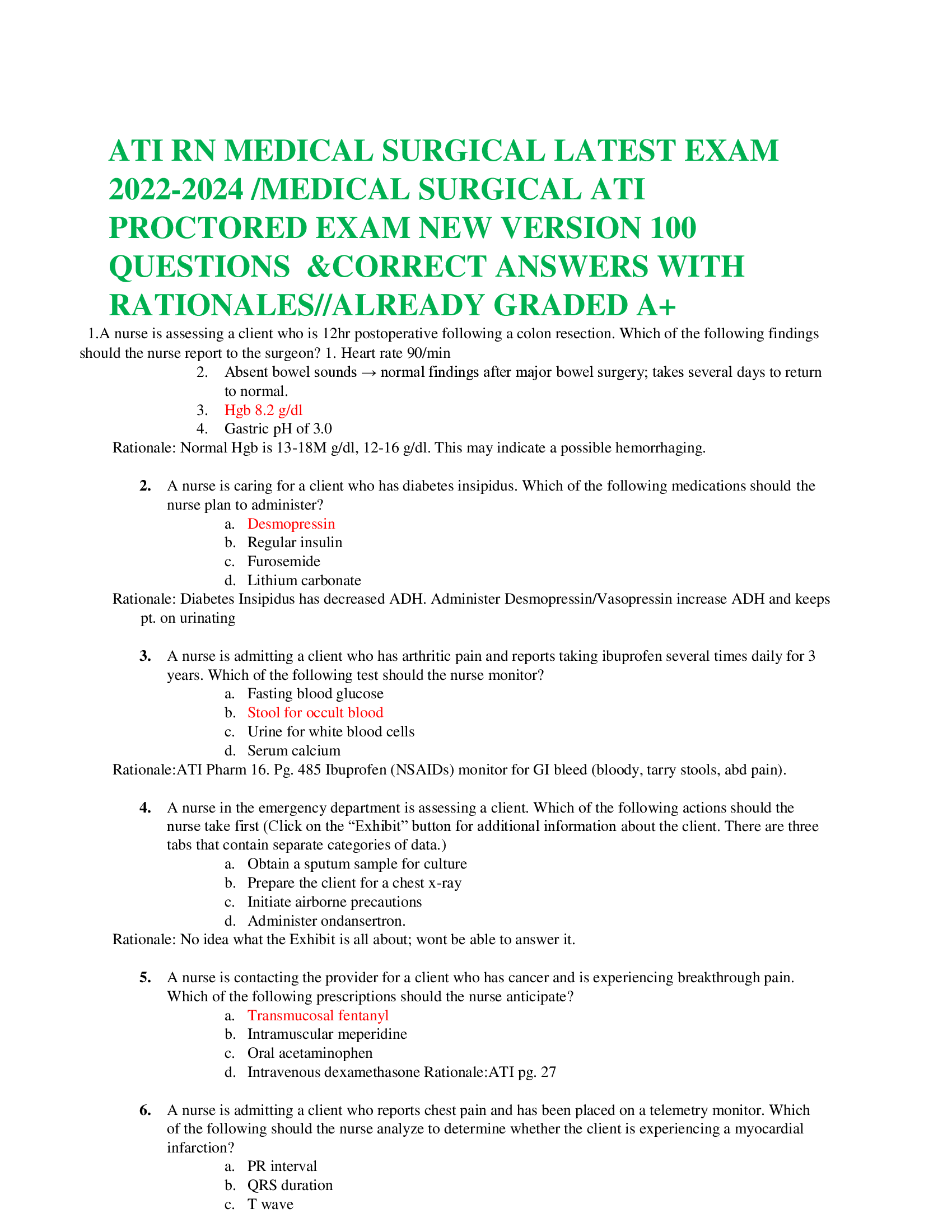 ATI RN MEDICAL SURGICAL LATEST EXAM 2022-2024 /MEDICAL SURGICAL ATI PROCTORED EXAM NEW VERSION 100 QUESTIONS  &CORRECT ANSWERS WITH  RATIONALES//ALREADY GRADED A+