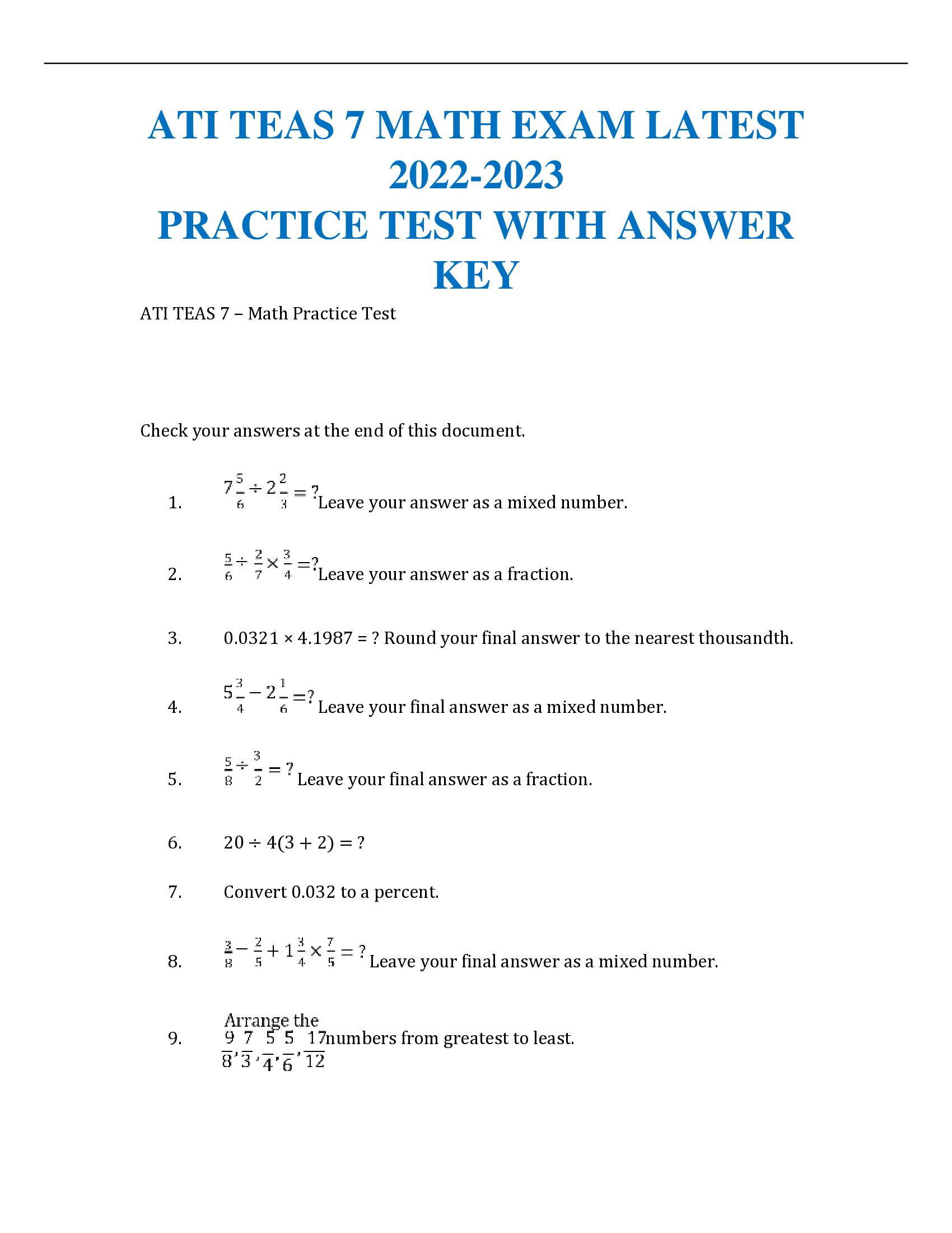 ATI TEAS 7 MATH EXAM LATEST 2022-2023  PRACTICE TEST WITH ANSWER KEY