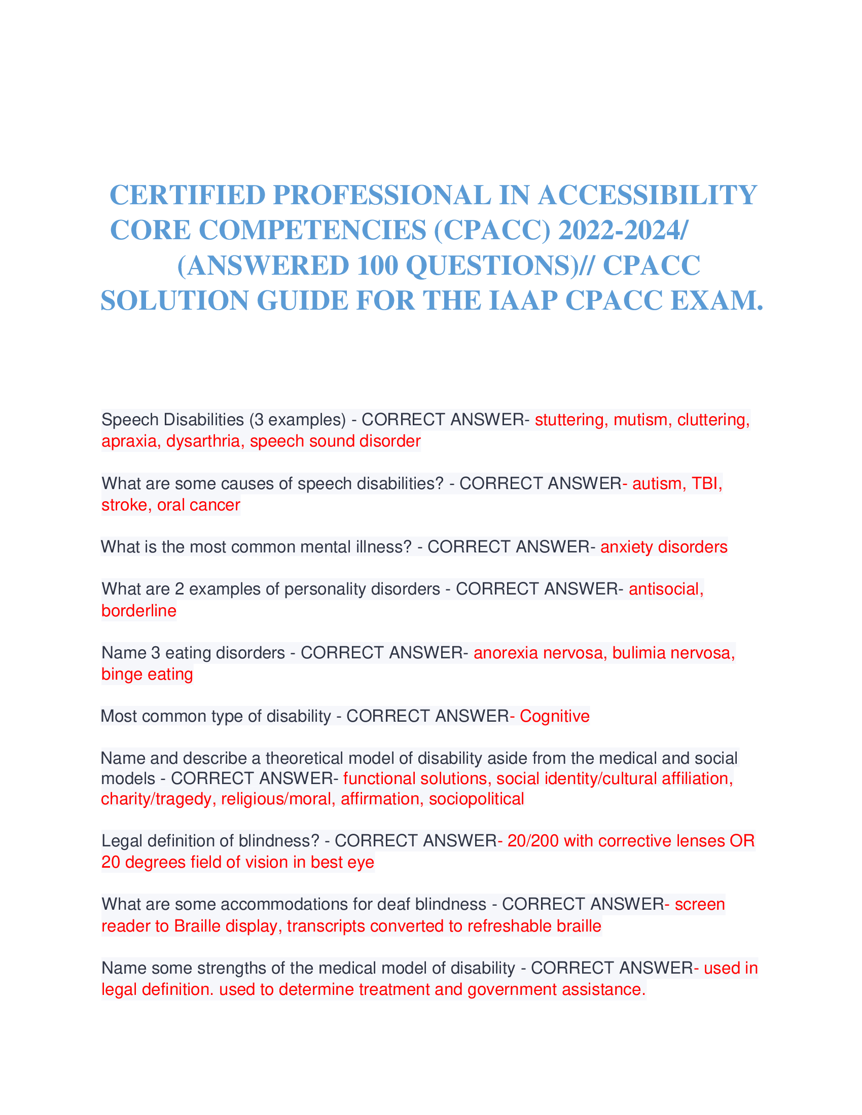 Certified Professional In Accessibility Core Competencies (CPACC) 2022-2024 (Answered 100 Questions) CPACC Solution Guide For The IAAP CPACC Exam