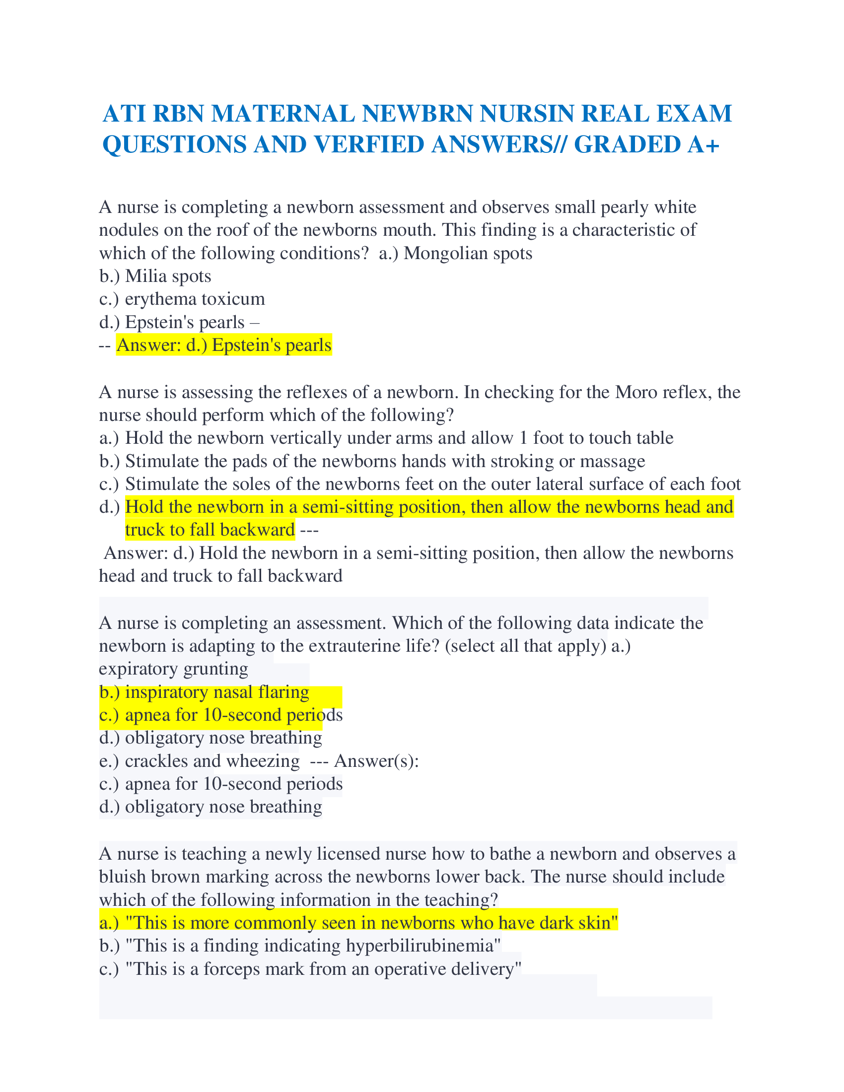 ATI RBN MATERNAL NEWBRN NURSIN REAL EXAM QUESTIONS AND VERFIED ANSWERS GRADED A+