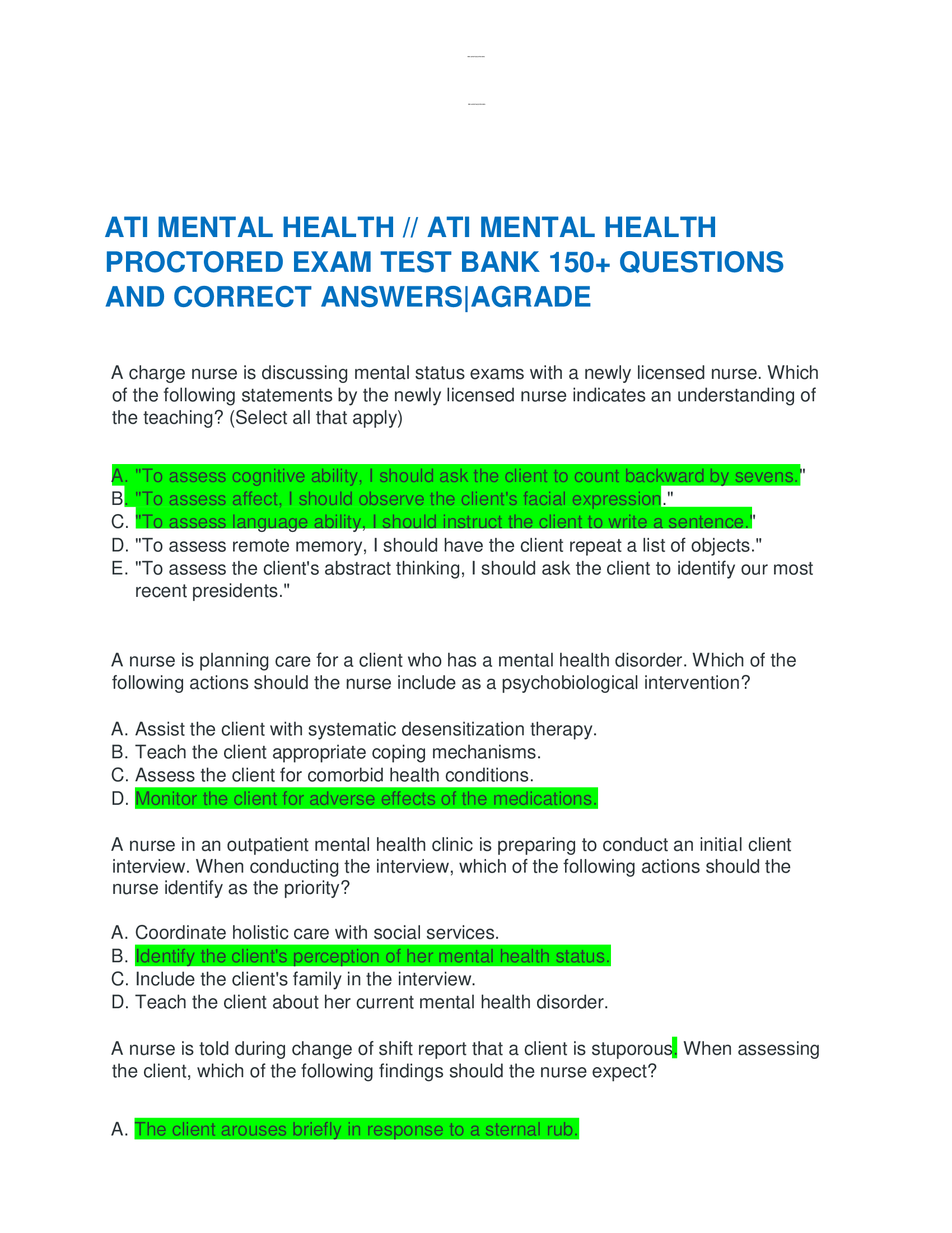 ATI MENTAL HEALTH PROCTORED  EXAM(15 DIFFERENT VERSIONS,1300 + QUESTIONS AND VERIFIED ANSWERS & As, latest 2024-2026) /MENTAL HEALTH ATI EXAM|A+ GUARANTEE