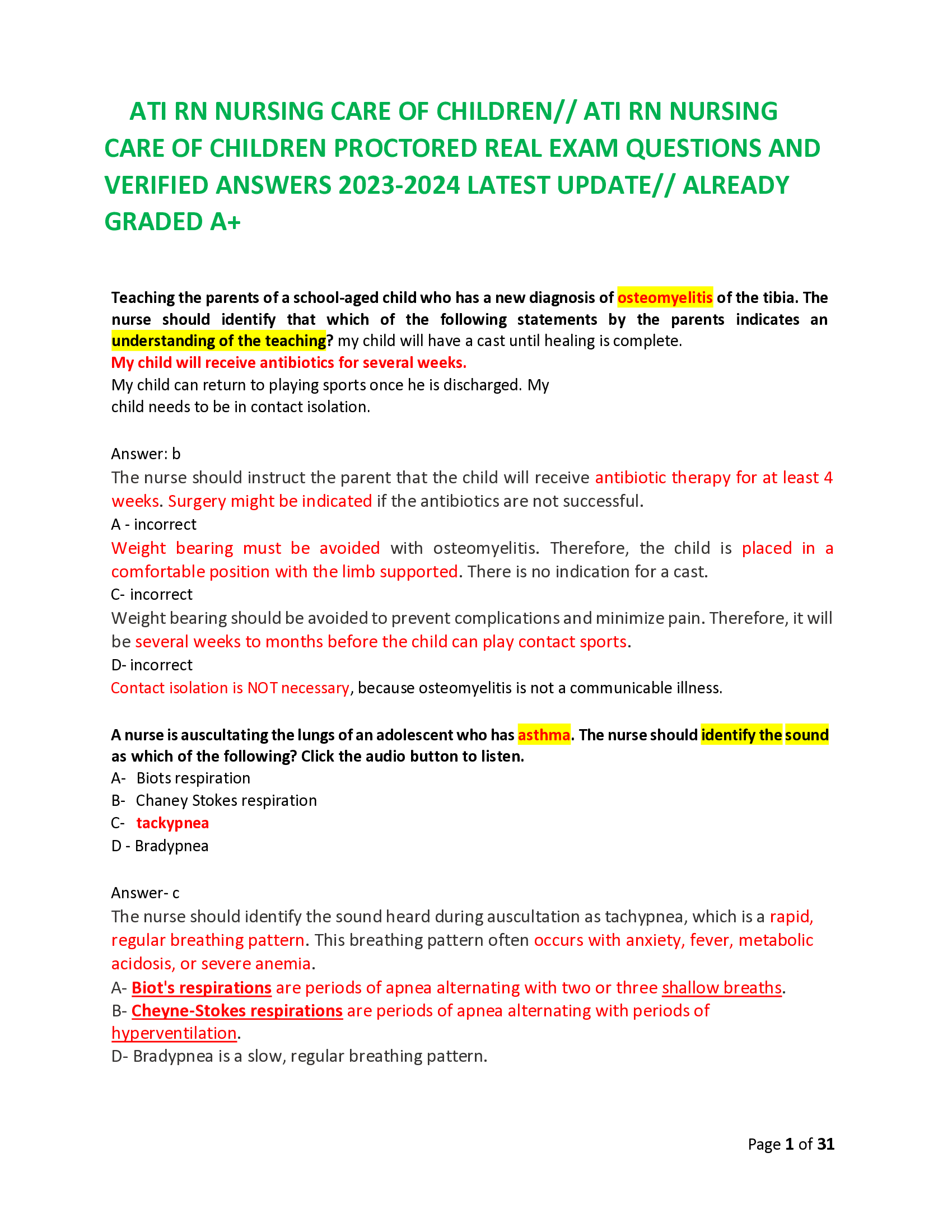 ATI RN NURSING CARE OF CHILDREN | Exam Questions and Answers 2026