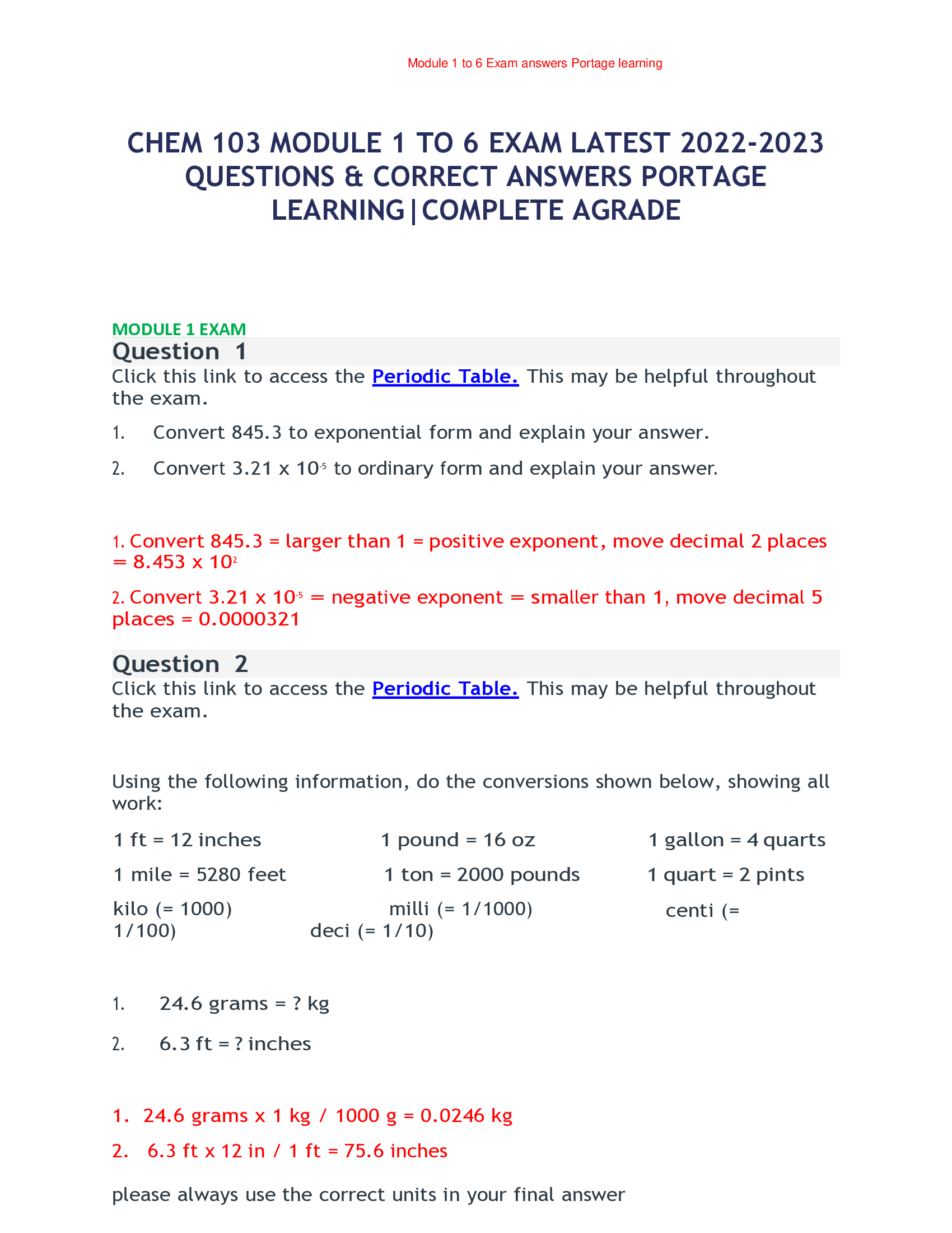 CHEM 103 MODULE 1 TO 6 EXAM LATEST 2022-2023QUESTIONS & CORRECT ANSWERS PORTAGE LEARNING|COMPLETE AGRADE