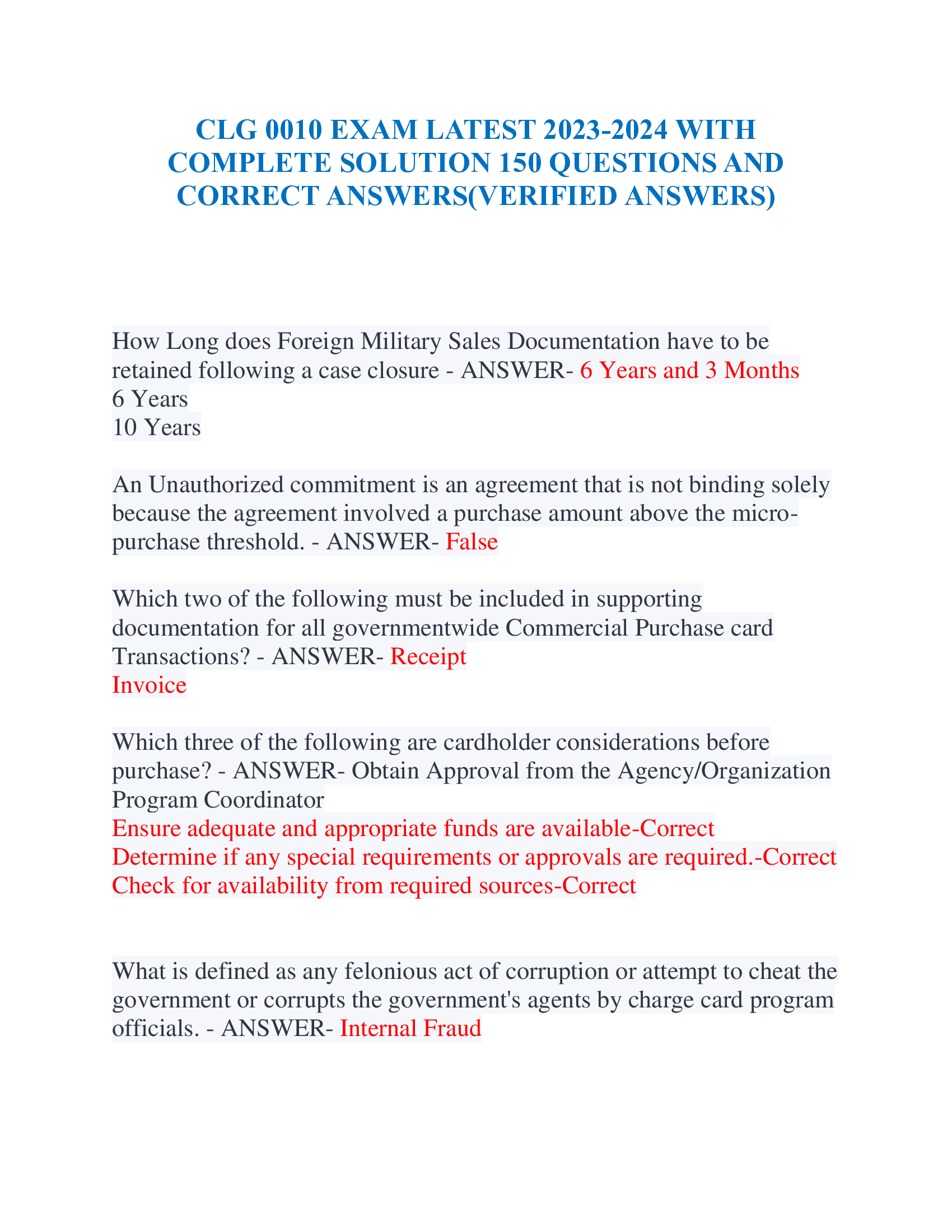 CLG 0010 EXAM LATEST 2023-2024 WITH COMPLETE SOLUTION 150 QUESTIONS AND  CORRECT ANSWERS(VERIFIED ANSWERS)