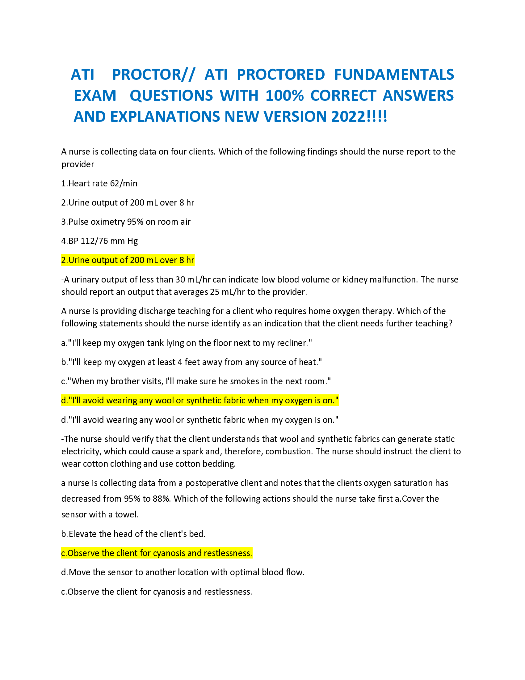 ATI PROCTOR ATI PROCTORED FUNDAMENTALS EXAM QUESTIONS WITH CORRECT ANSWERS AND EXPLANATIONS NEW VERSION!!!!   A nurse is collecting data on four clients. Which of the following findings should the nurse report to the provider