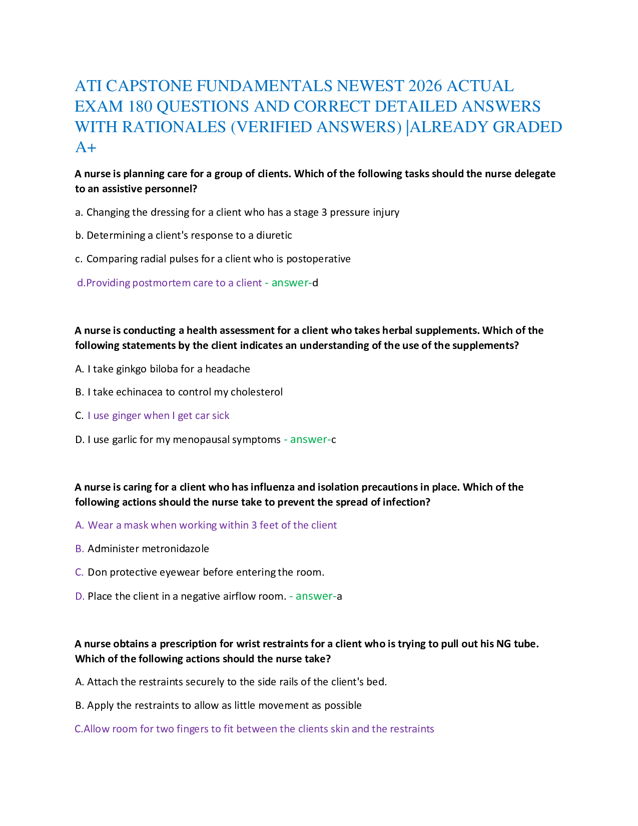 ATI CAPSTONE FUNDAMENTALS NEWEST 2026 ACTUAL   EXAM 180 QUESTIONS AND CORRECT DETAILED ANSWERS   WITH RATIONALES (VERIFIED ANSWERS) |ALREADY GRADED  A+