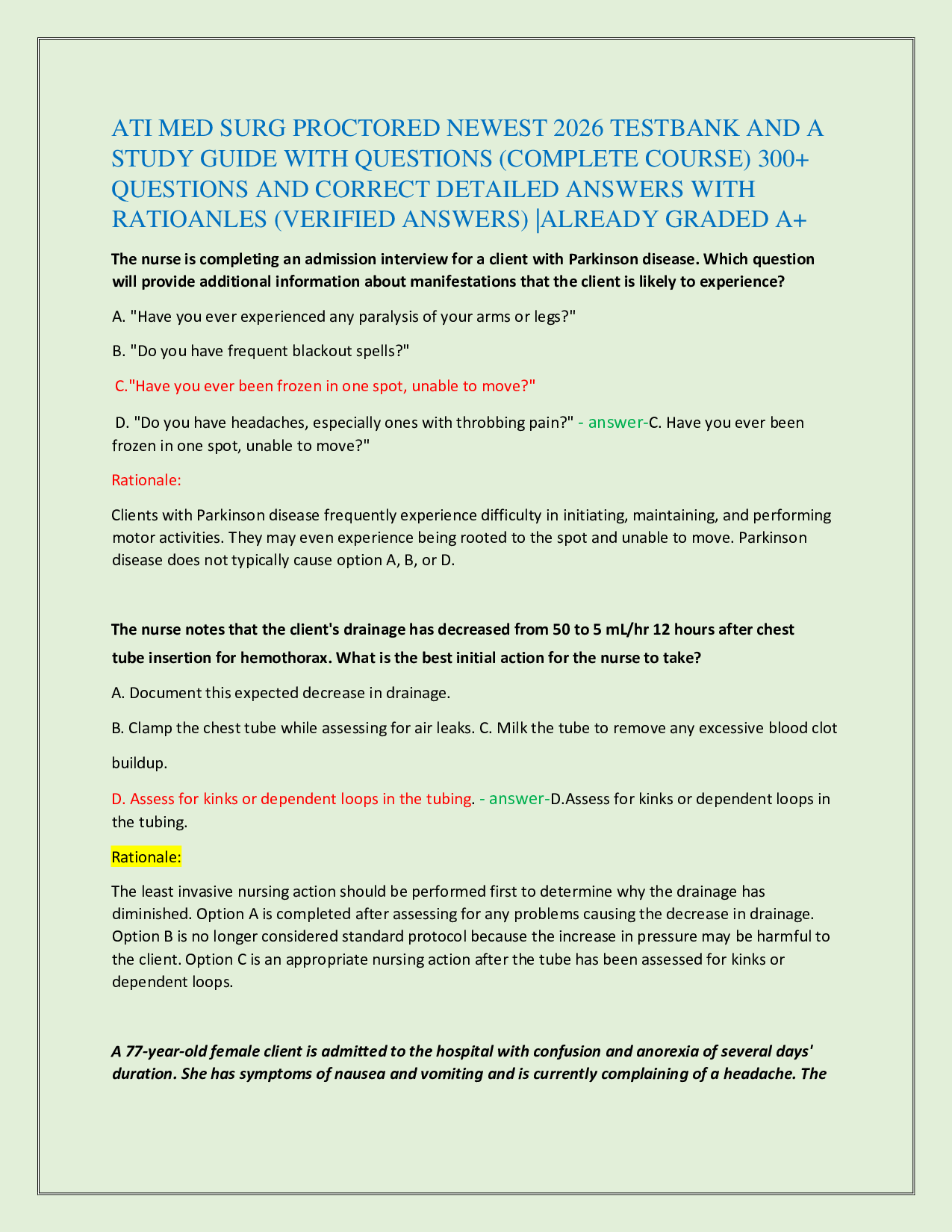 ATI MED SURG PROCTORED NEWEST 2026 TESTBANK AND A   STUDY GUIDE WITH QUESTIONS (COMPLETE COURSE) 300+   QUESTIONS AND CORRECT DETAILED ANSWERS WITH  RATIOANLES (VERIFIED ANSWERS) |ALREADY GRADED A+