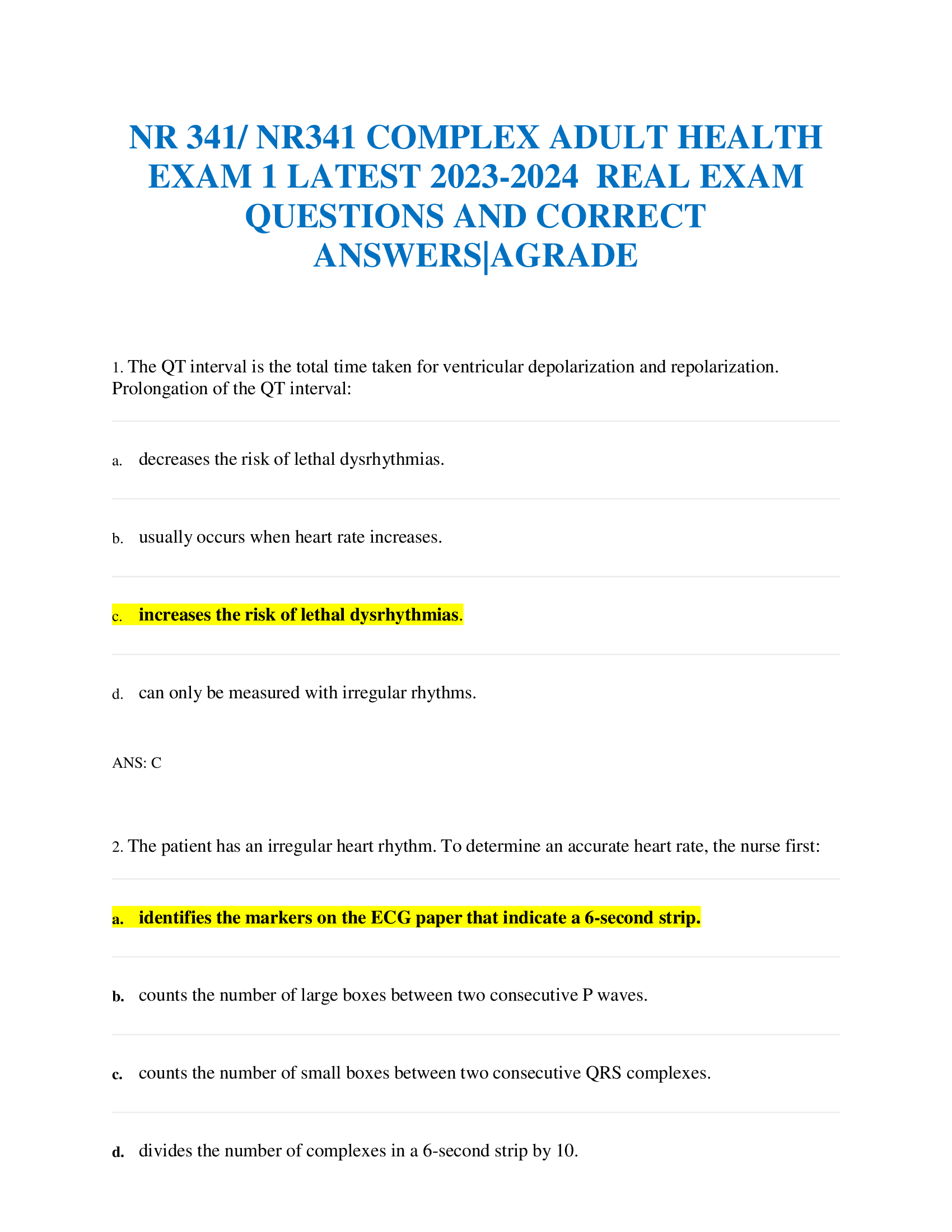 NR 341| NR341 COMPLEX ADULT HEALTH EXAM 1 LATEST 2023-2024  REAL EXAM  QUESTIONS AND CORRECT  ANSWERS|AGRADE
