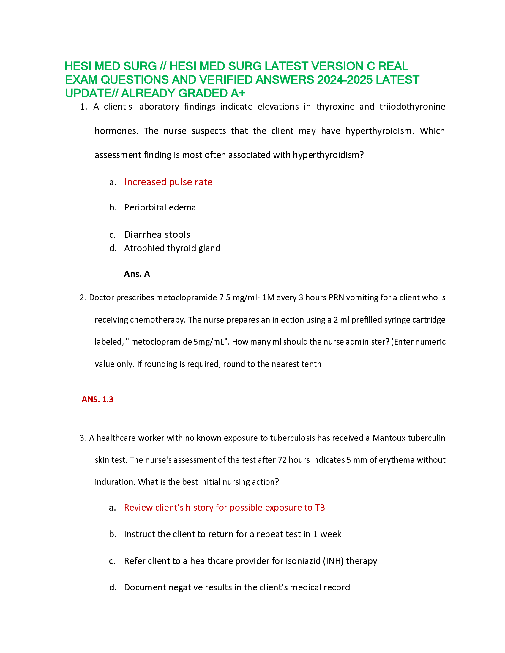 HESI Med Surg Latest Version C Real Exam Questions And Verified Answers