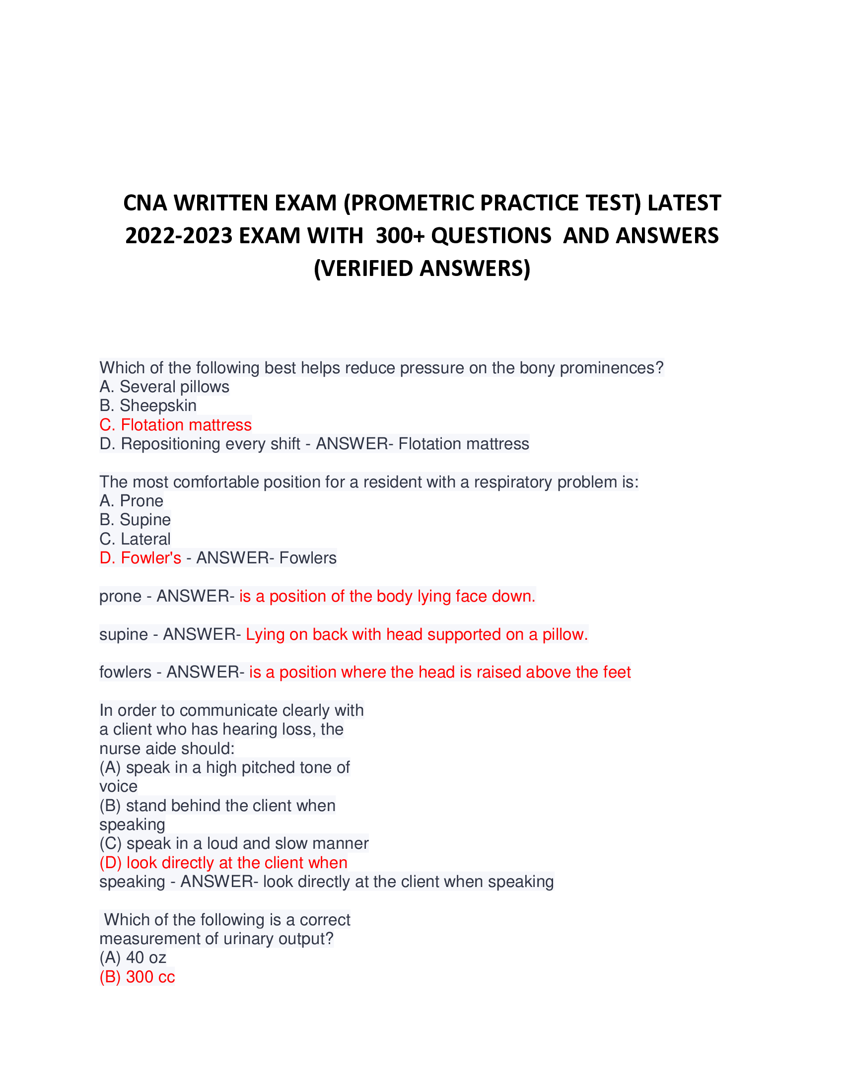 CNA WRITTEN EXAM (PROMETRIC PRACTICE TEST) LATEST 2022-2023 EXAM WITH  300+ QUESTIONS  AND ANSWERS  (VERIFIED ANSWERS)