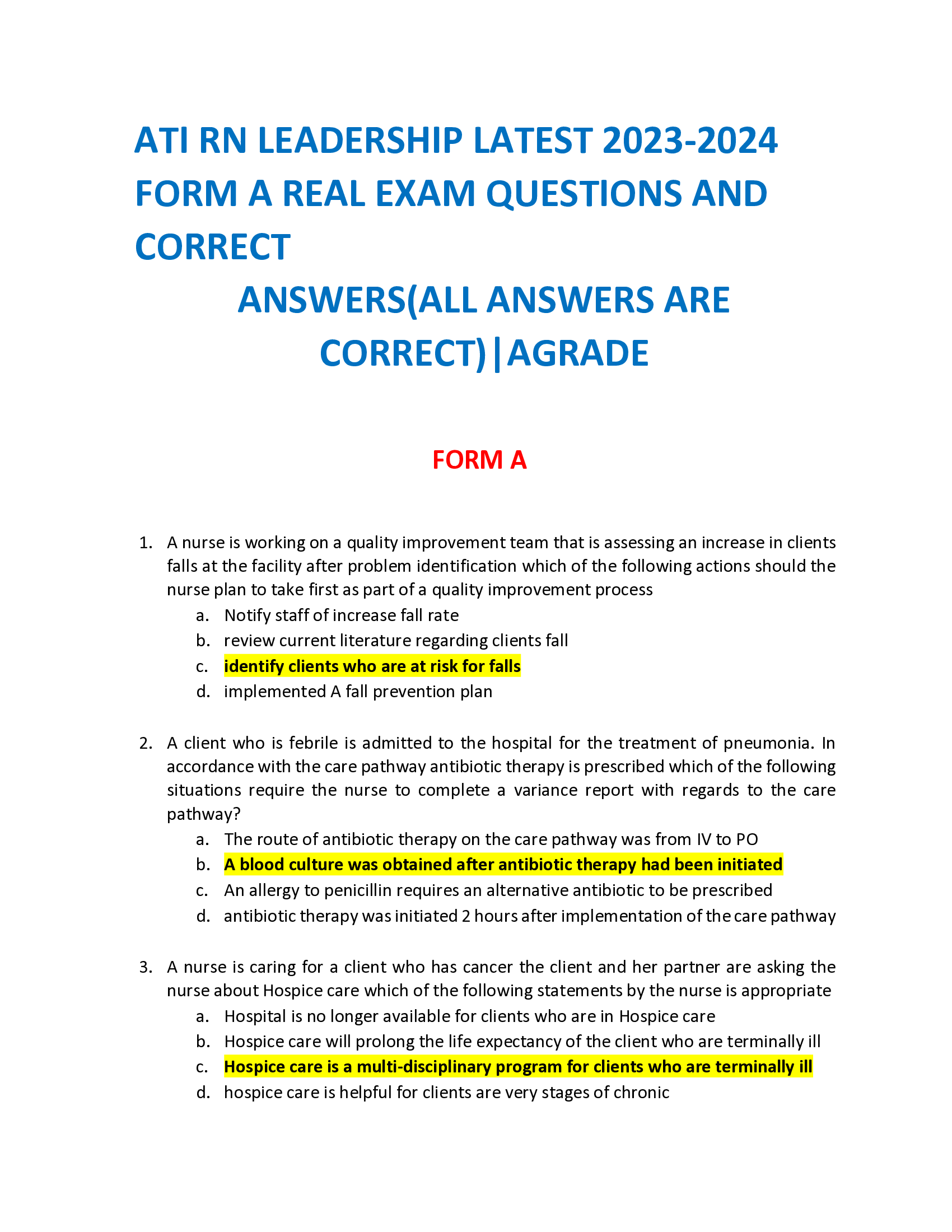 ATI RN LEADERSHIP LATEST 2023-2024 FORM A REAL EXAM QUESTIONS AND CORRECT  ANSWERS