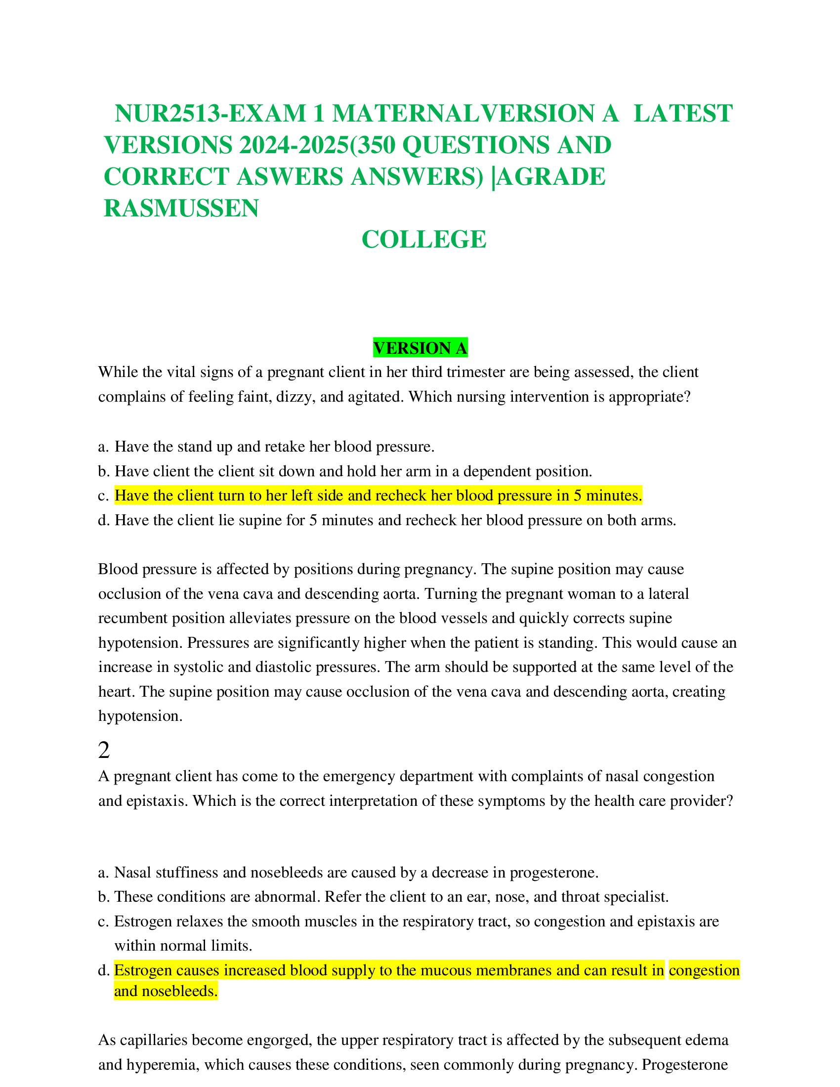 NUR2513-EXAM 1 MATERNAL VERSION