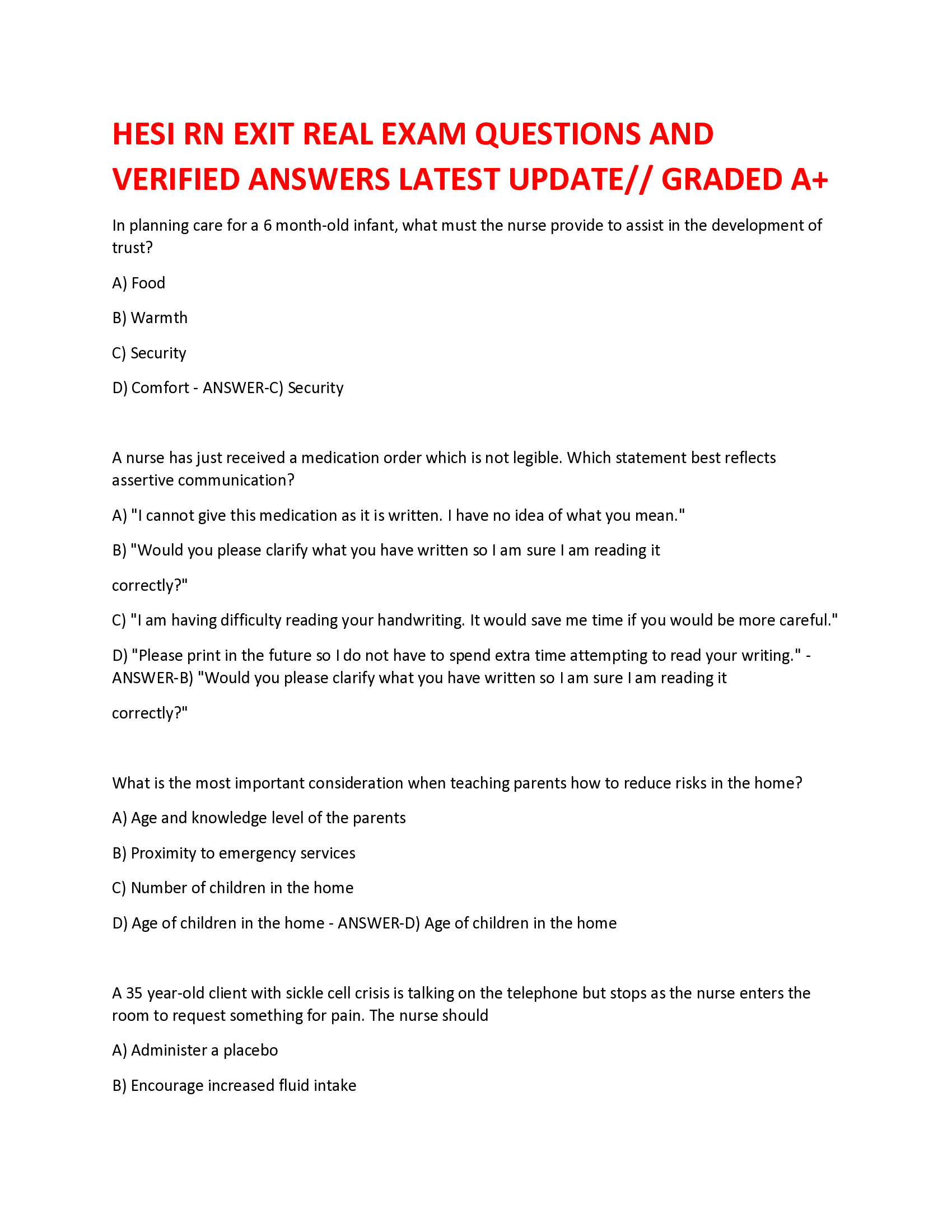 HESI RN EXIT REAL EXAM QUESTIONS AND VERIFIED ANSWERS LATEST UPDATE, GRADED A+