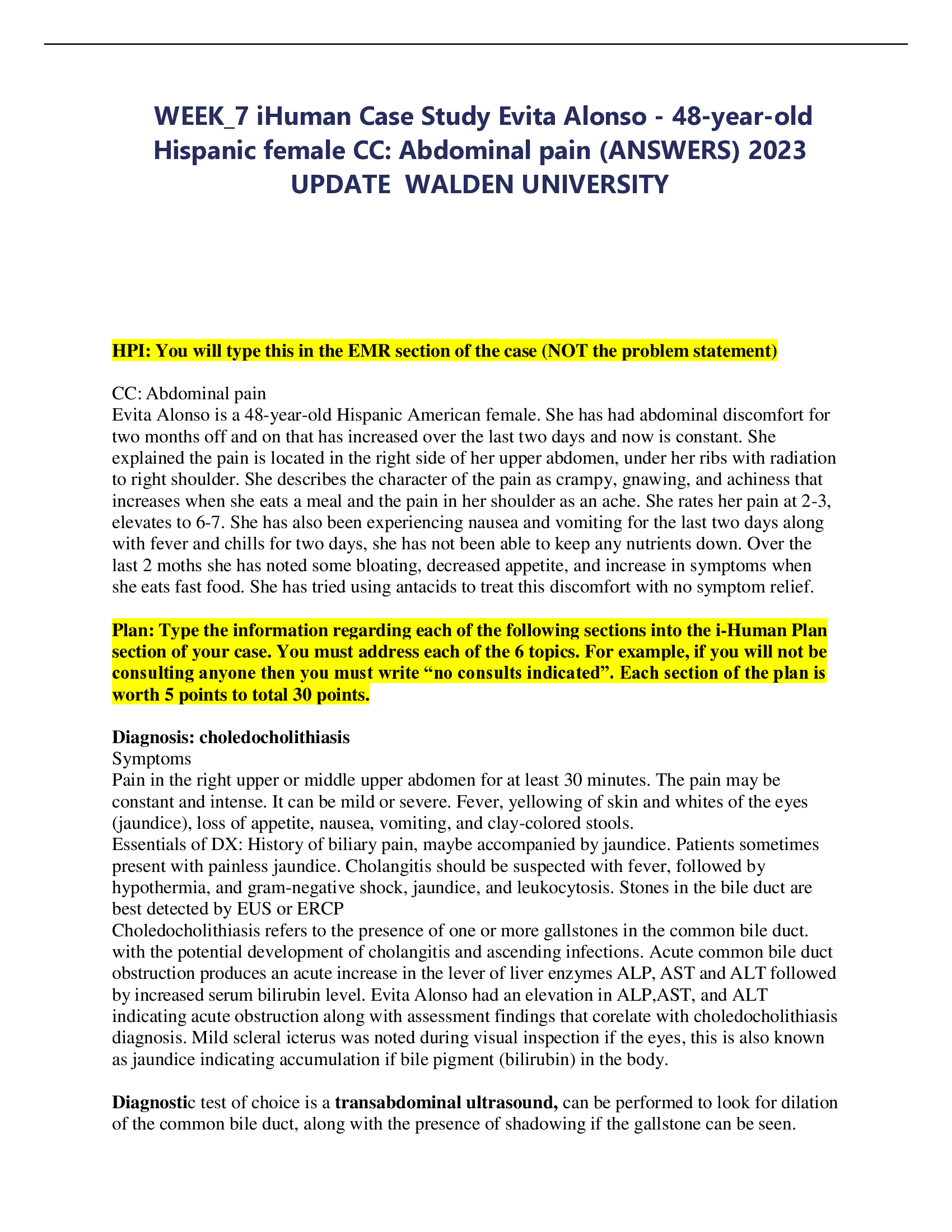 WEEK_7 iHuman Case Study Evita Alonso - 48-year-old Hispanic female CC: Abdominal pain (ANSWERS) 2023 UPDATE  WALDEN UNIVERSITY