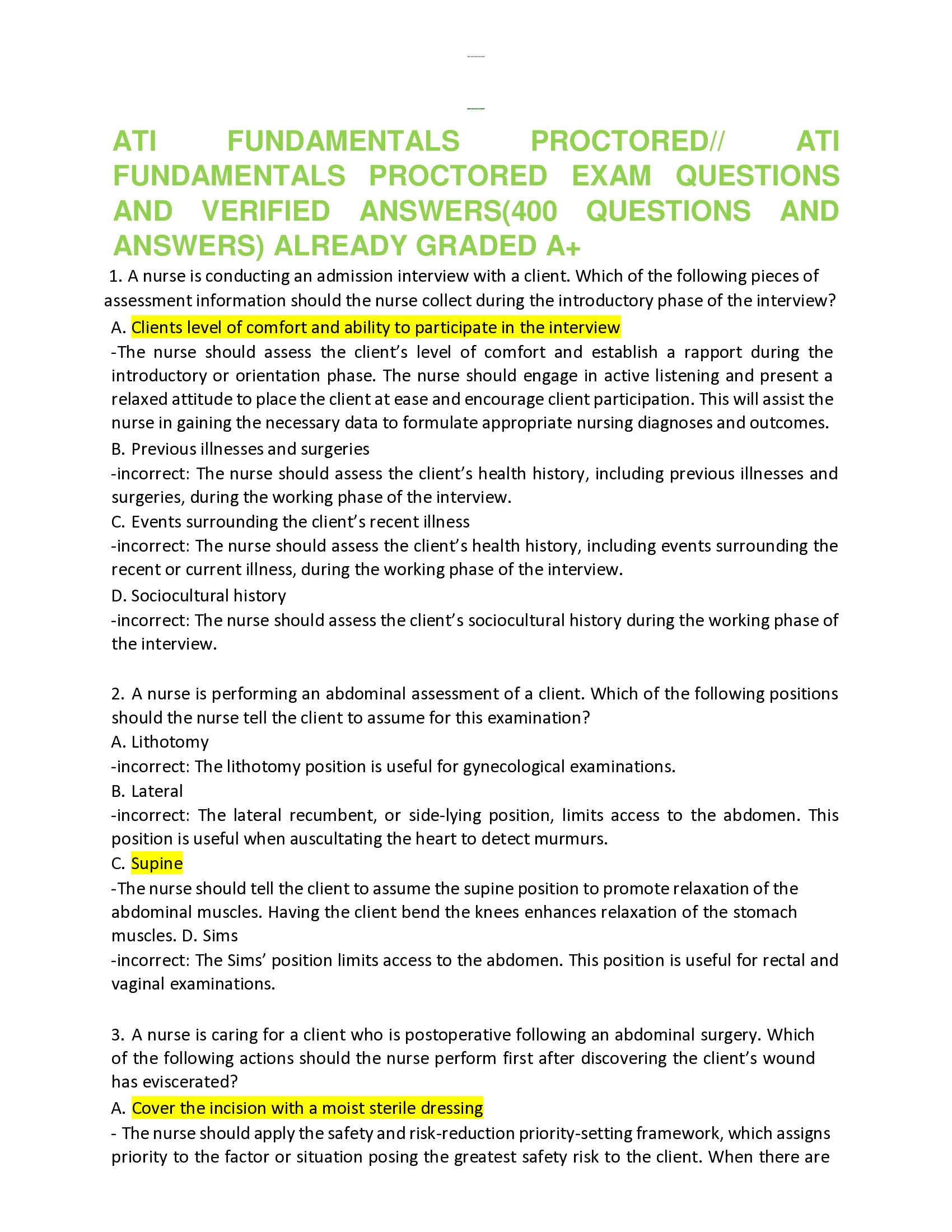 ATI FUNDAMENTALS PROCTORED | ATI FUNDAMENTALS PROCTORED EXAM QUESTIONS  AND VERIFIED ANSWERS(400 QUESTIONS AND ANSWERS) ALREADY GRADED A+   1. A nurse is conducting an admission interview with a client. Which of the following pieces of assessment information should the nurse collect during the introductory phase of the interview